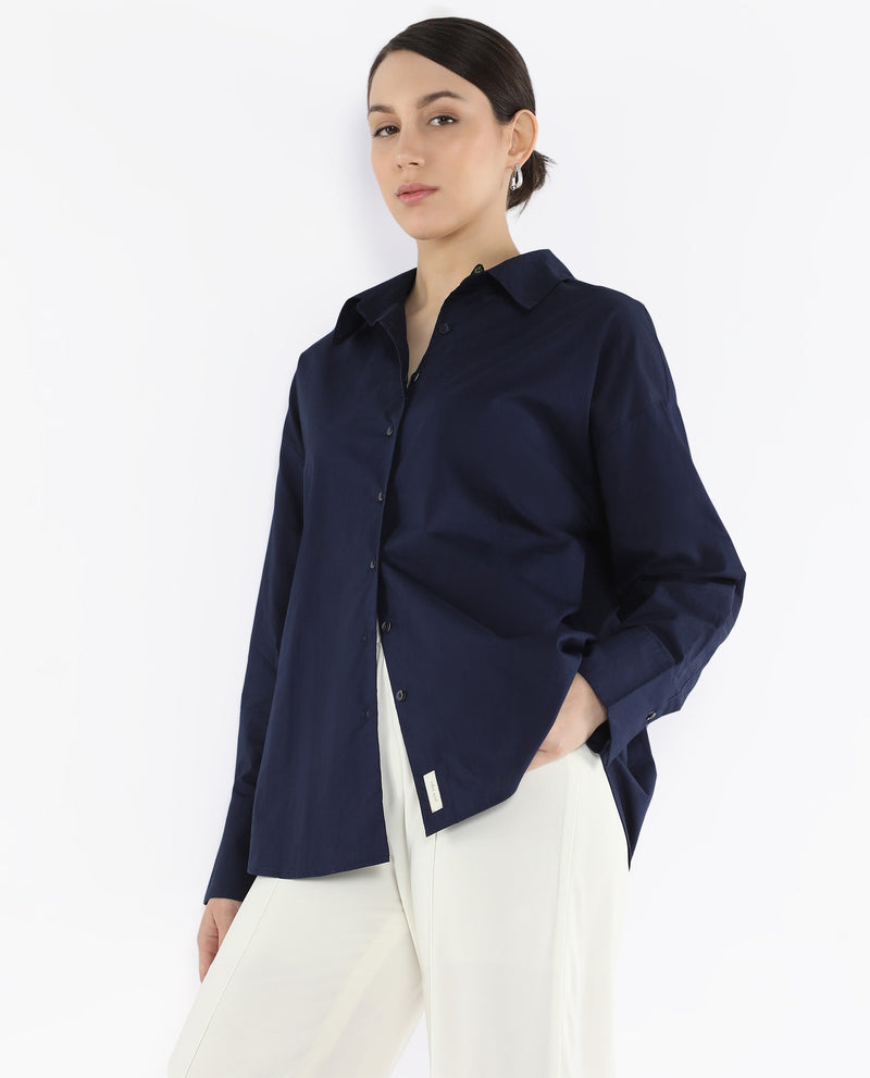 Rareism Women Hertene Navy 60'S Poplin Fabric Cuffed Sleeve Collared Neck Button Closure Boxy Fit Plain Shirt