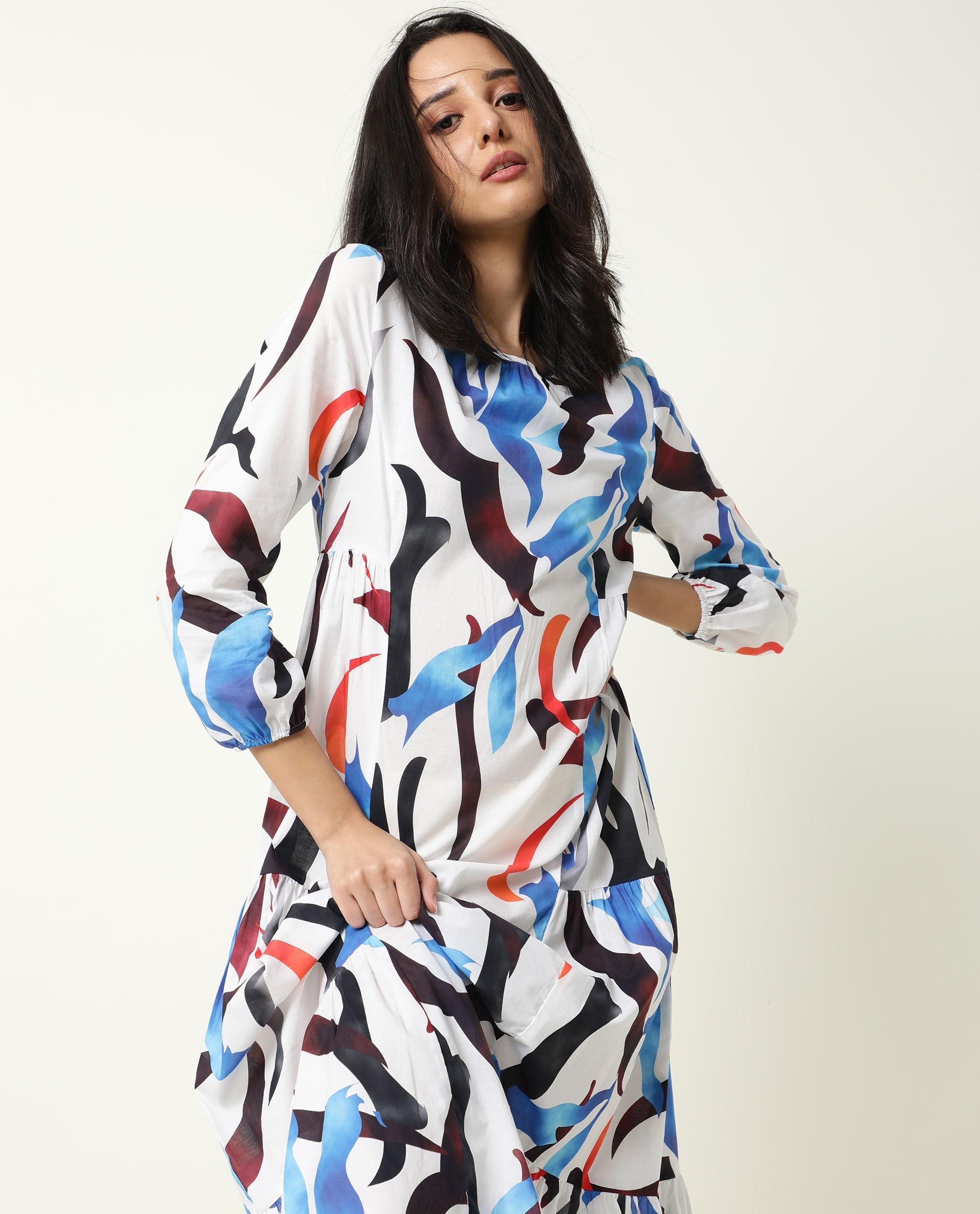 Rareism Women Europe White Abstract Boat Neck 3/4 Sleeves Tiered Maxi Dress
