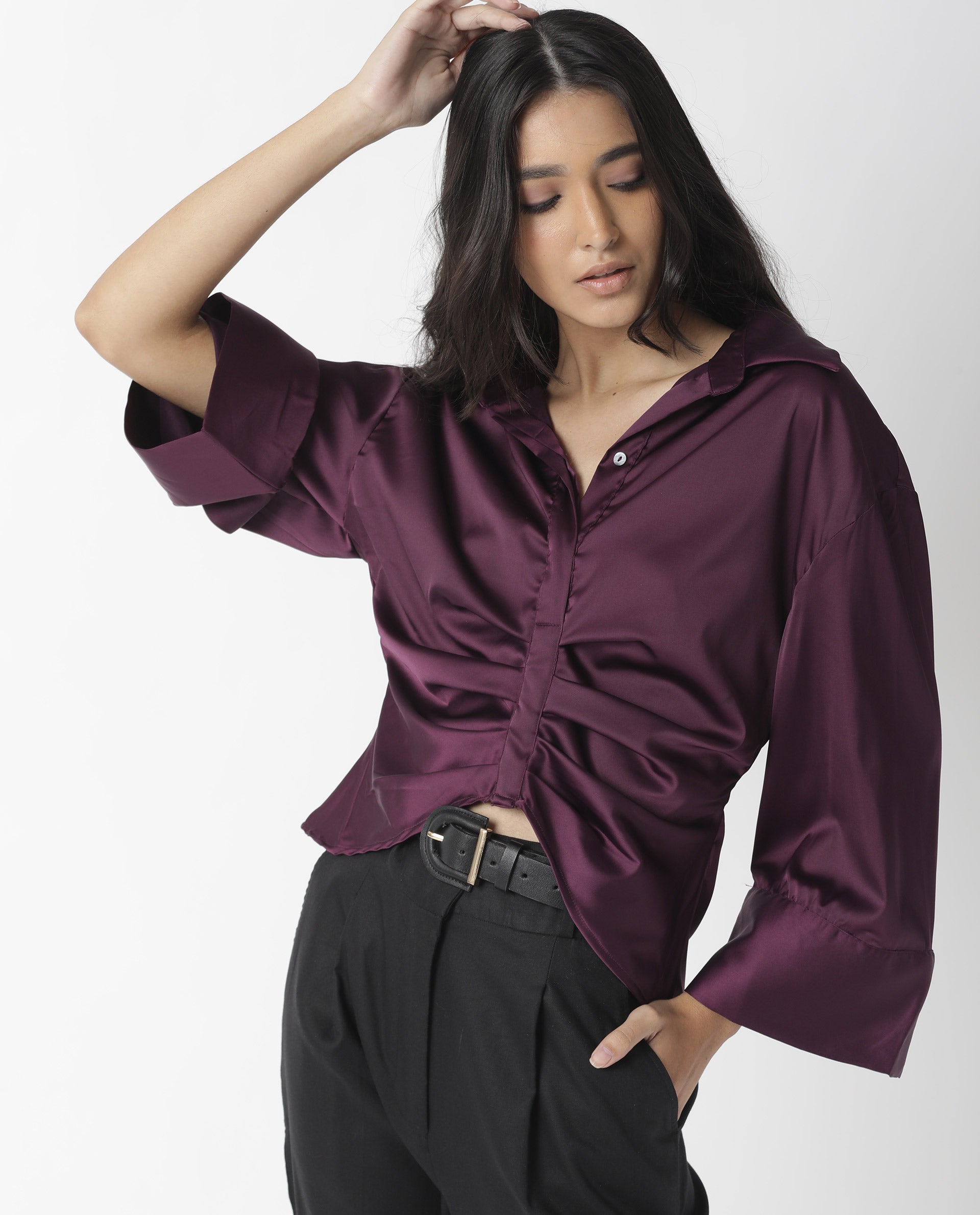 Rareism Womens Zomat Purple Top Modal Fabric Regular Fit Bell Sleeves Collared Neck