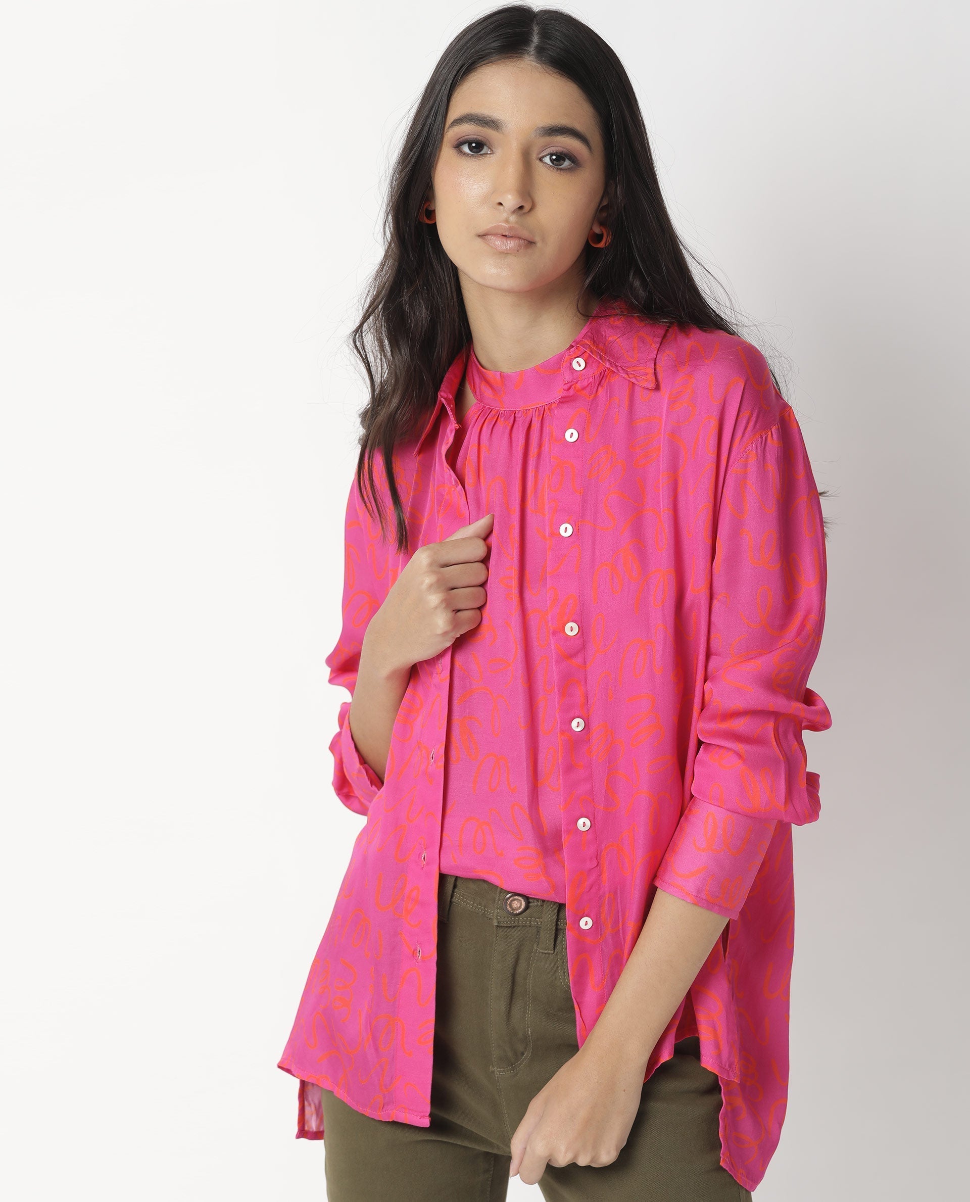 Rareism Womens Vani Pink Dress Modal Fabric Regular Fit Cuffed Sleeve Collared Neck