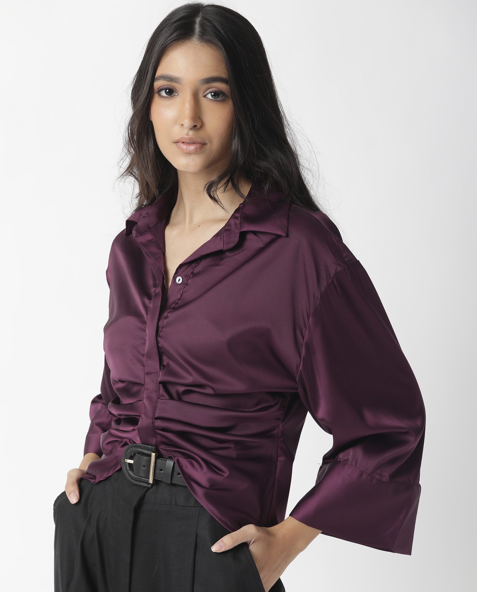 Rareism Womens Zomat Purple Top Modal Fabric Regular Fit Bell Sleeves Collared Neck