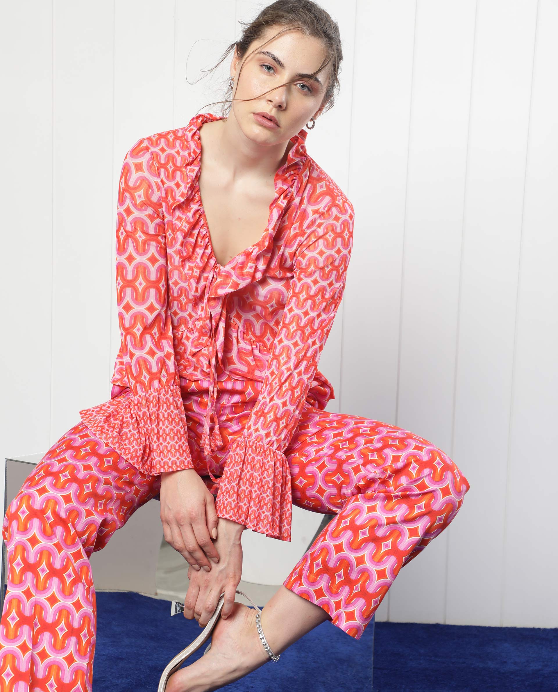 Rareism Women Cremon Orange Cotton Blend Fabric Regular Fit Geometric Print Ankle Length Trousers