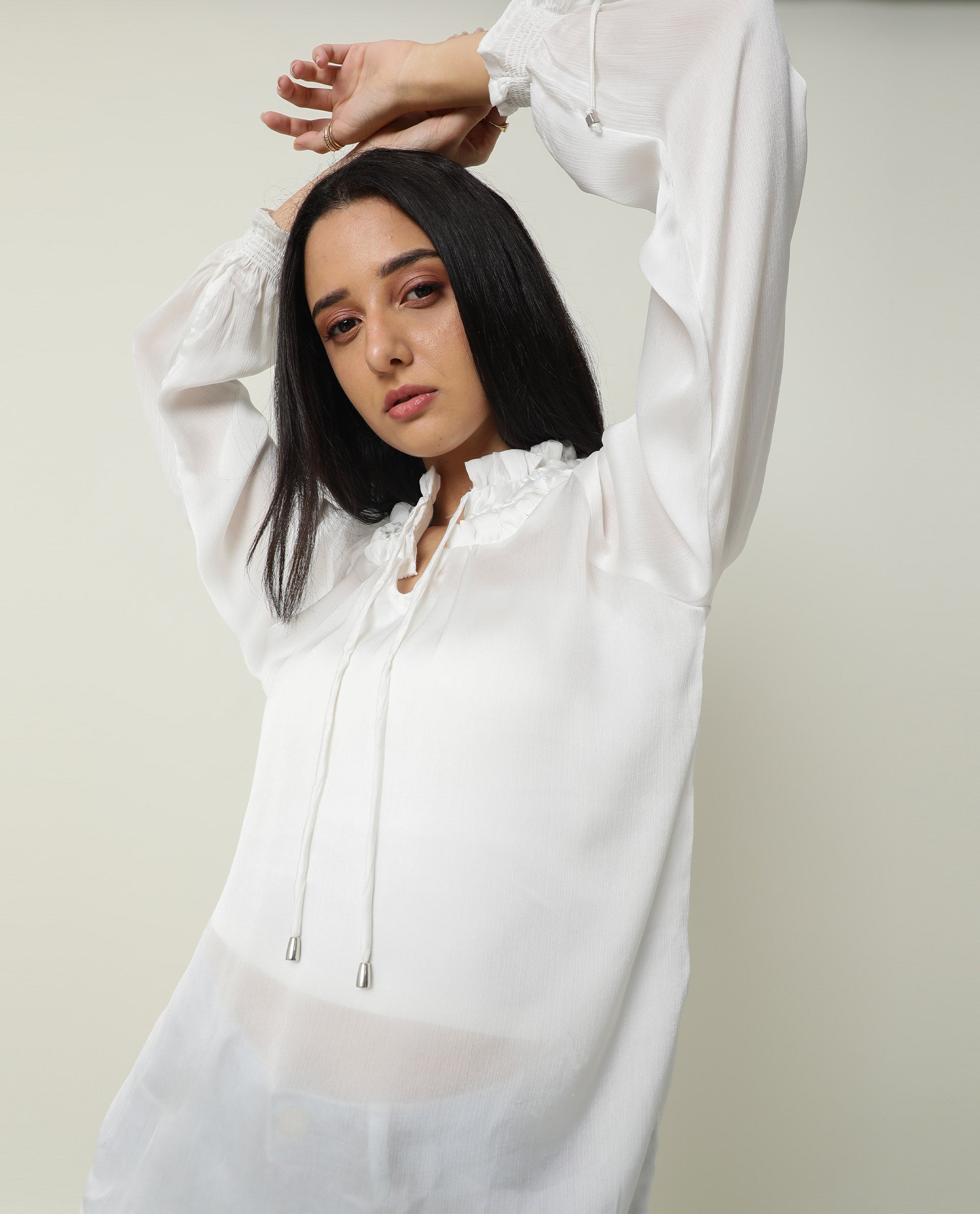 Rareism Womens Tremoe White Dress Polyester Fabric Normal Fit Full Sleeve V Neck