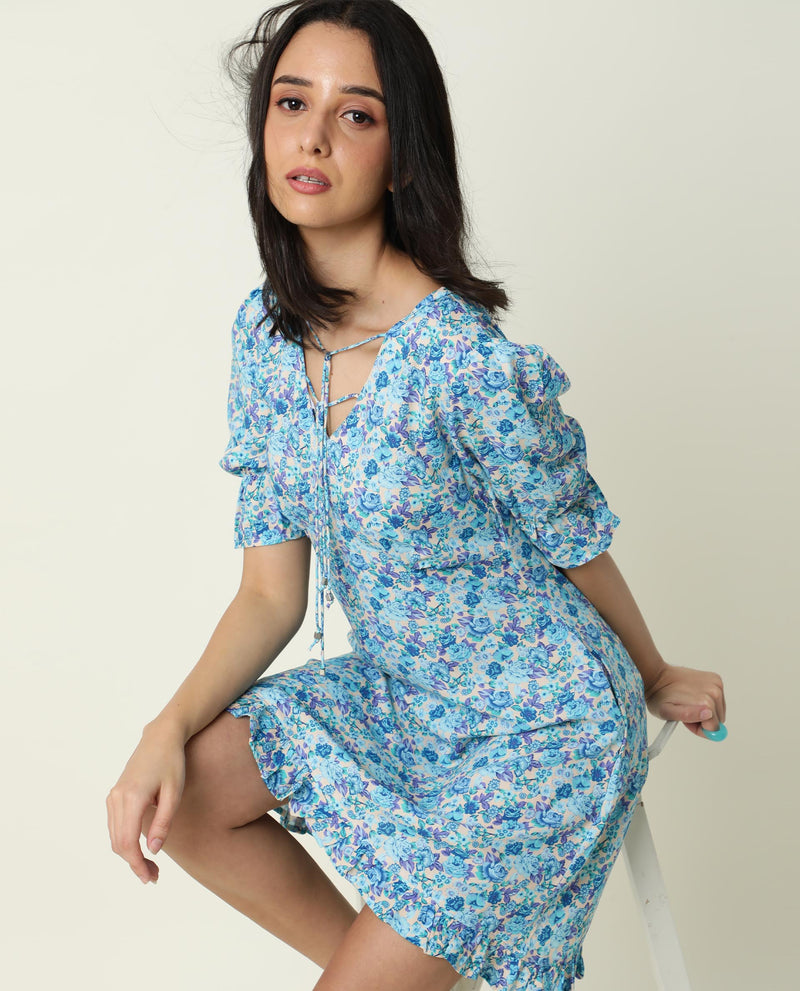 Rareism Women Eon Blue Printed V Neck Double Tie Up Puff And Ruffled Sleeves With Pockets Mini Dress