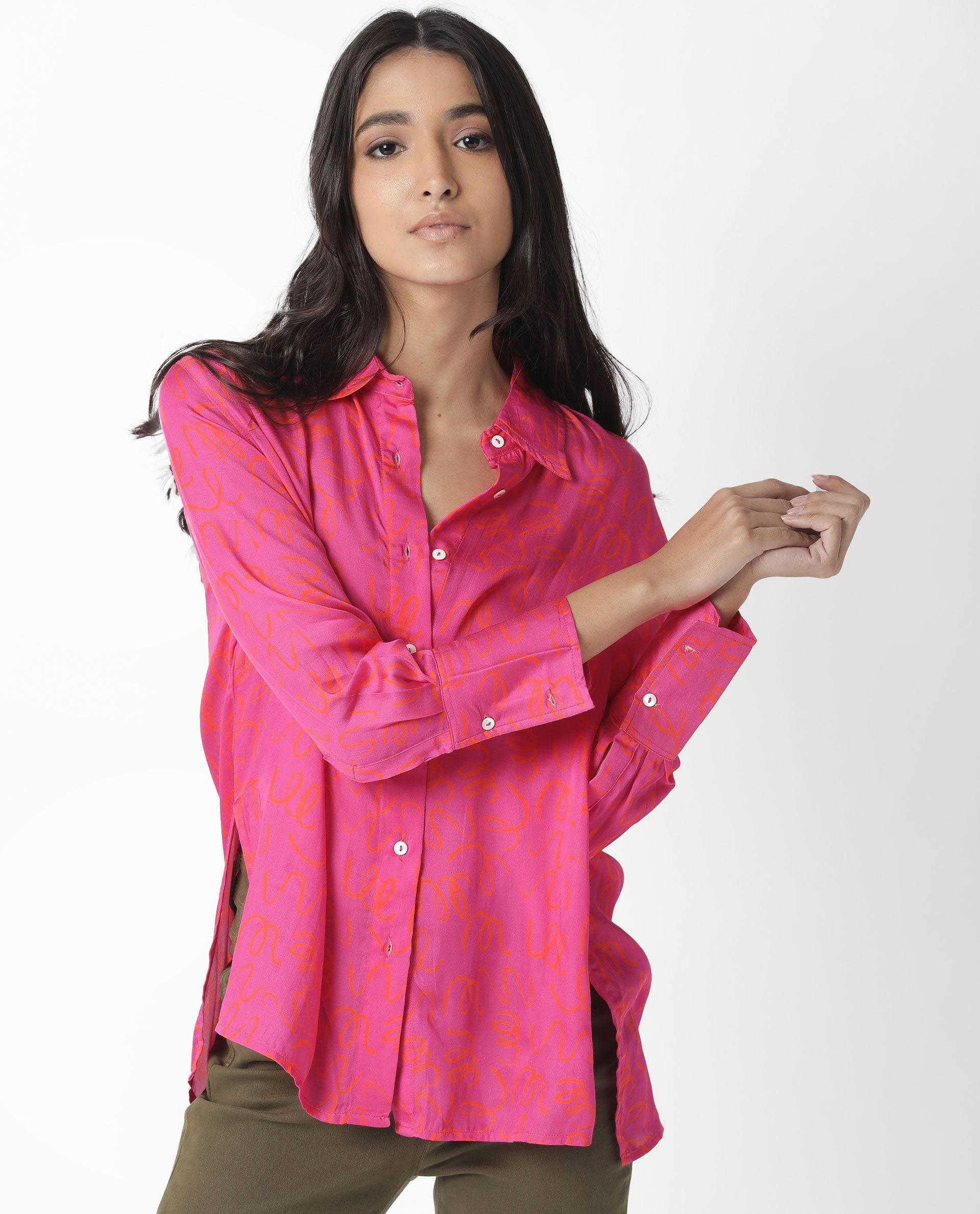 Rareism Womens Vani Pink Dress Modal Fabric Regular Fit Cuffed Sleeve Collared Neck