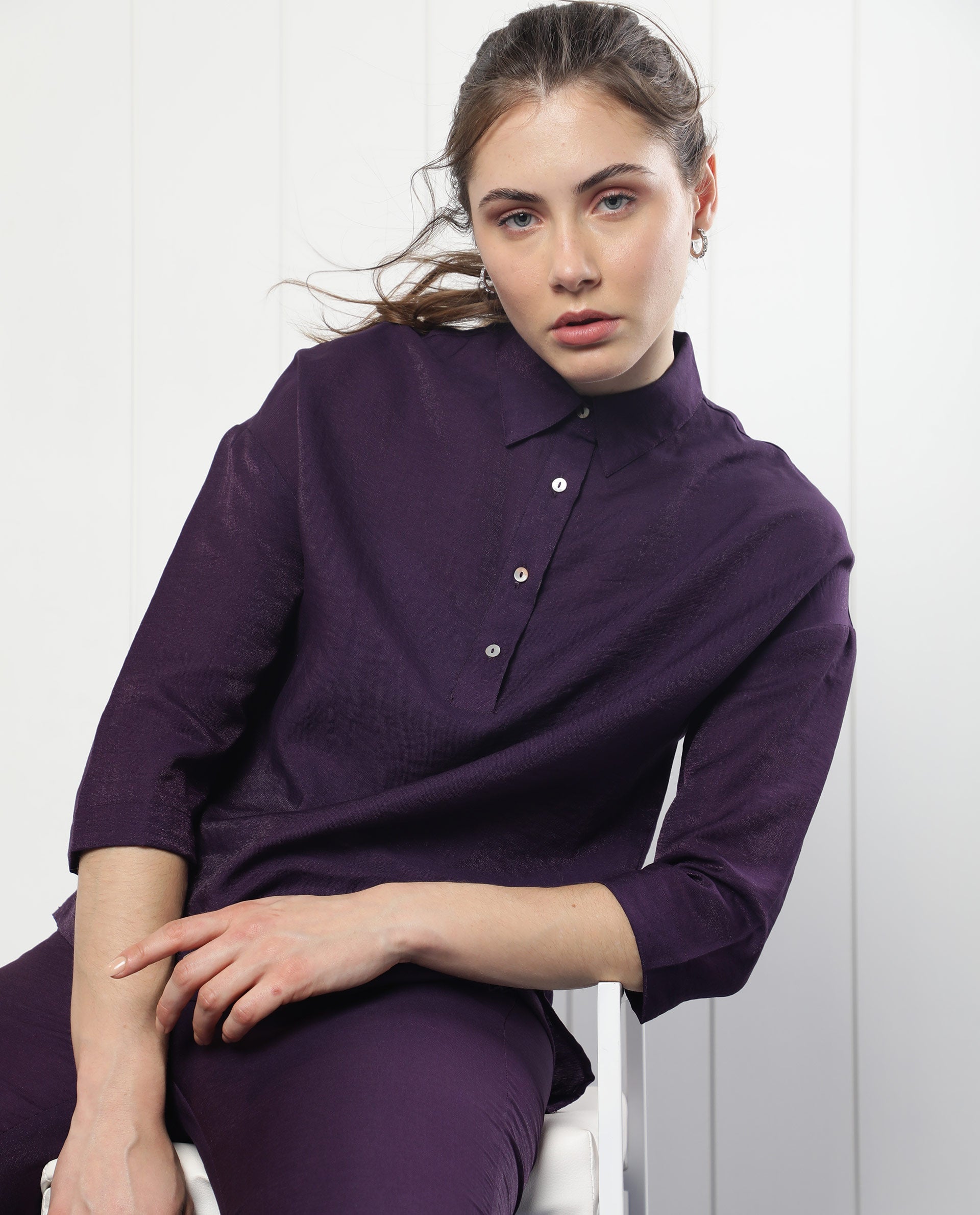 Rareism Women Velynn Dark Purple Polyester Fabric Regular Fit Shirt Collar 3/4Th Sleeves Solid Top