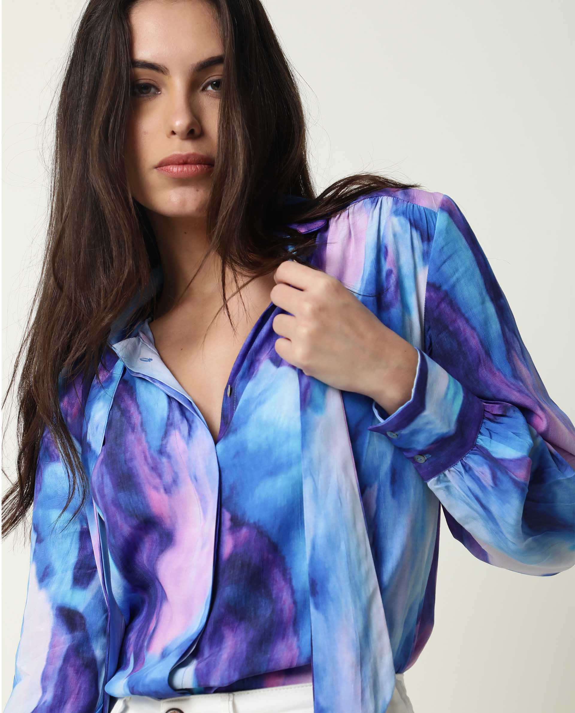 Rareism Womens Denvor Multi Top Poly Viscose Fabric Loose Fit Balloon Sleeve Collared Neck