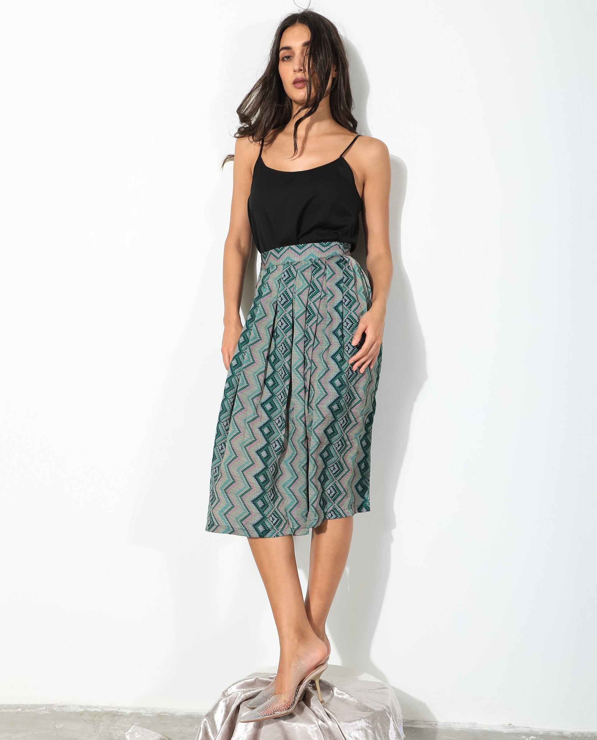 Rareism Women's Arabella Green Polyester Geometric Print Knee Length Regular Fit Skirt