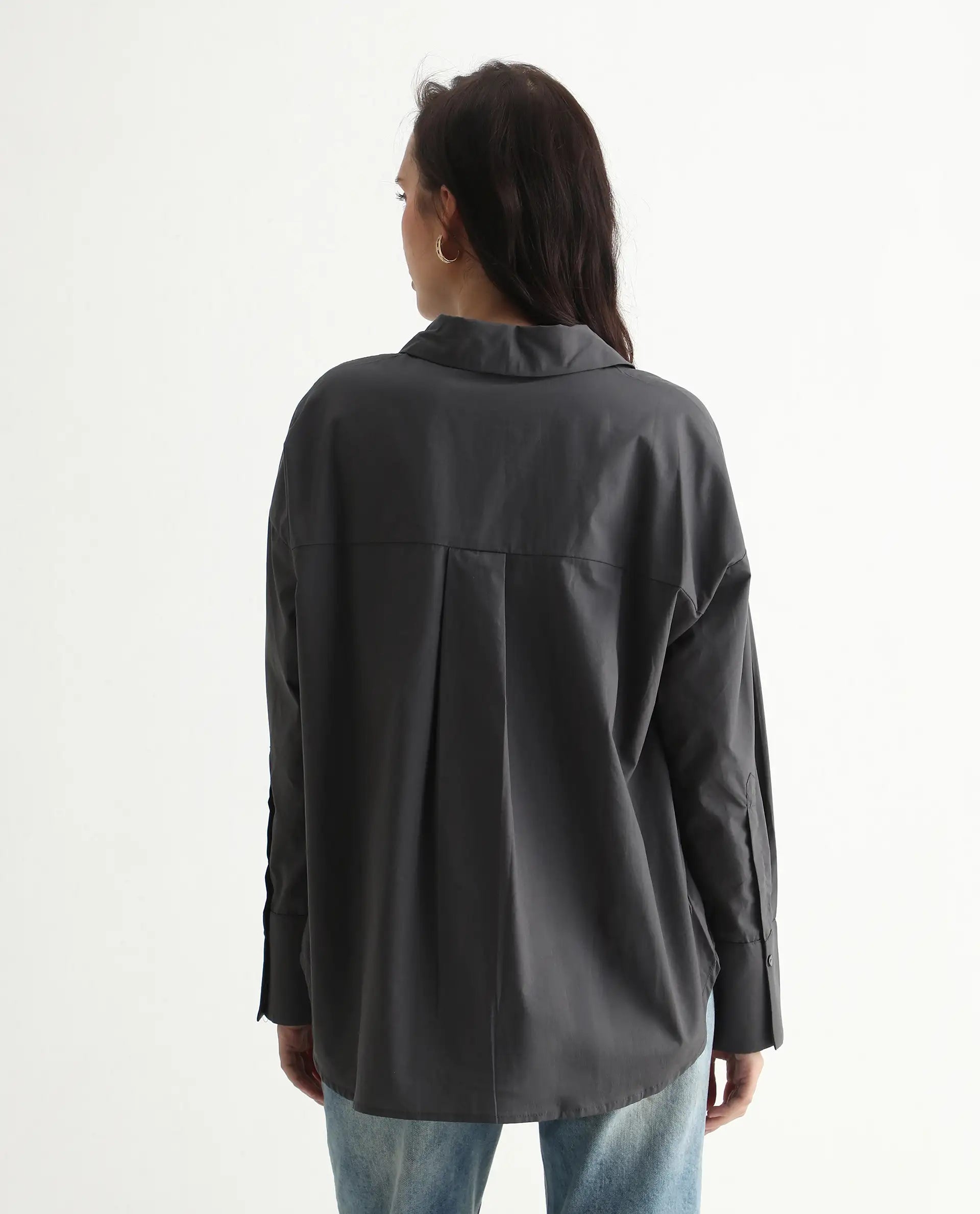 Rareism Women's Hertene Grey Cotton Drop Collar Plain Cuffed Sleeve Boxy Fit Shirt
