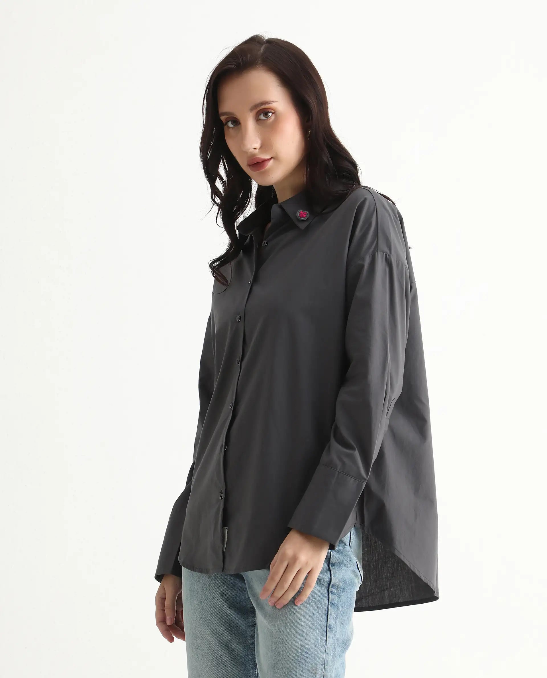 Rareism Women's Hertene Grey Cotton Drop Collar Plain Cuffed Sleeve Boxy Fit Shirt