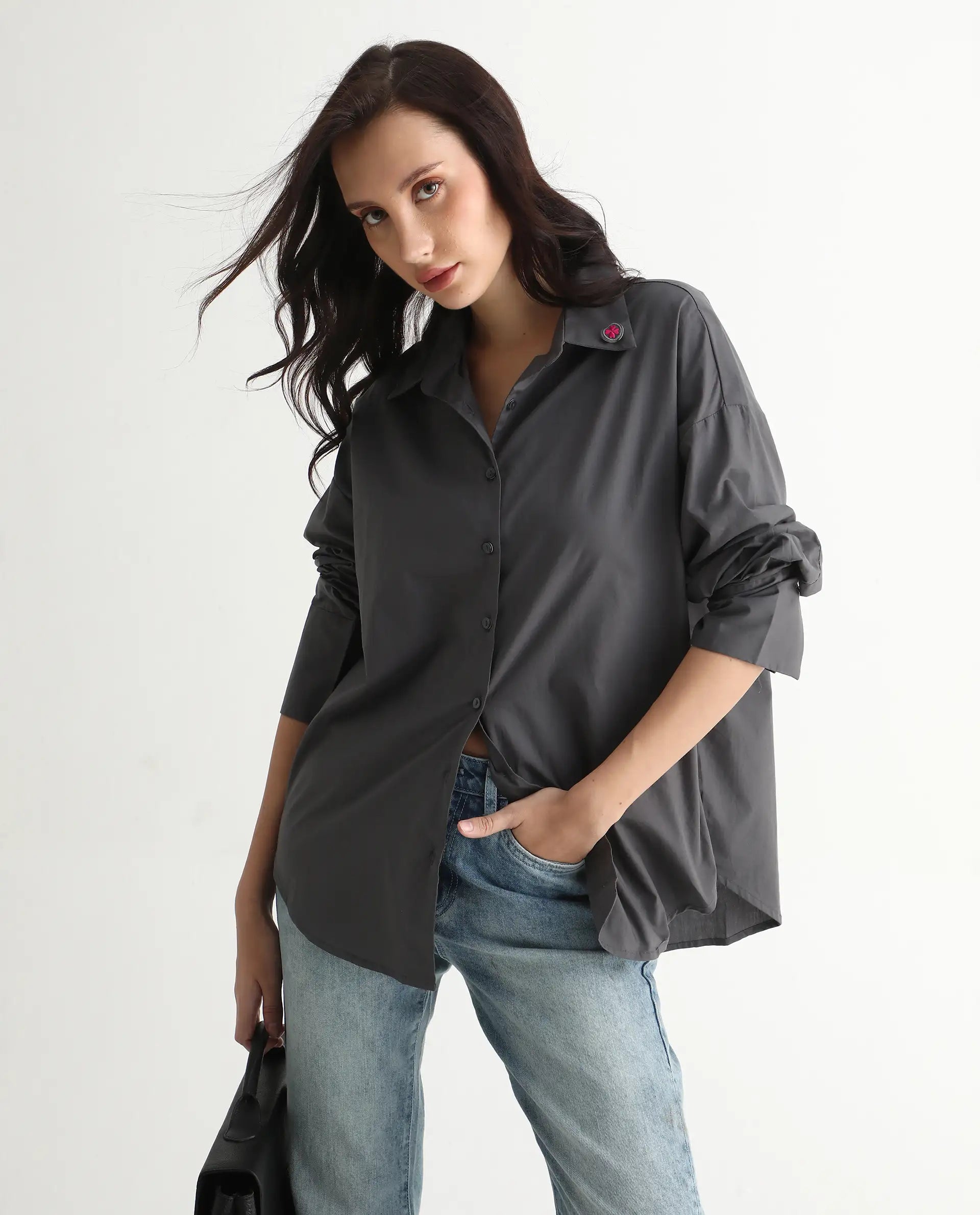 Rareism Women's Hertene Grey Cotton Drop Collar Plain Cuffed Sleeve Boxy Fit Shirt