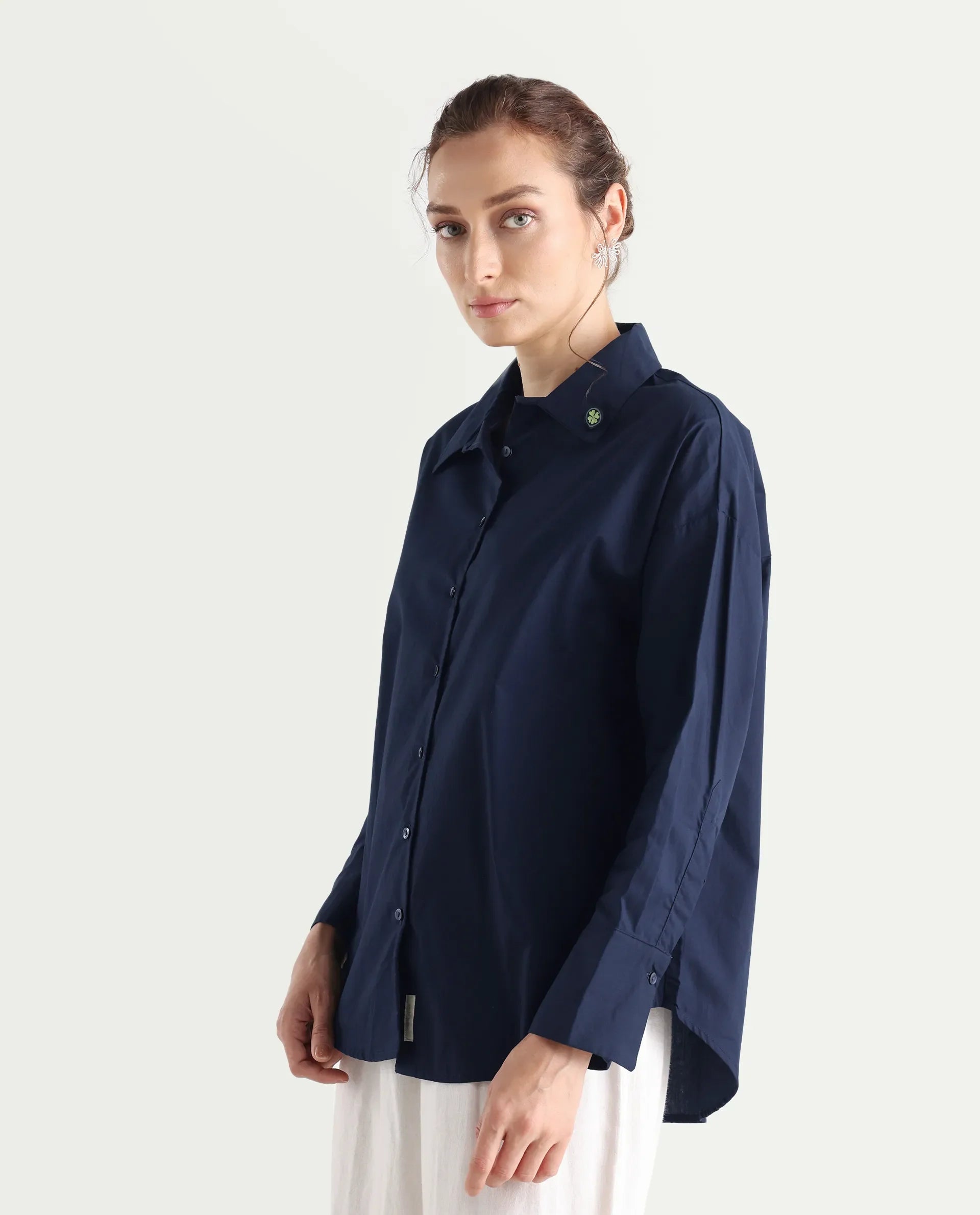 Rareism Women's Hertene Navy Cotton Drop Collar Plain Cuffed Sleeve Boxy Fit Shirt