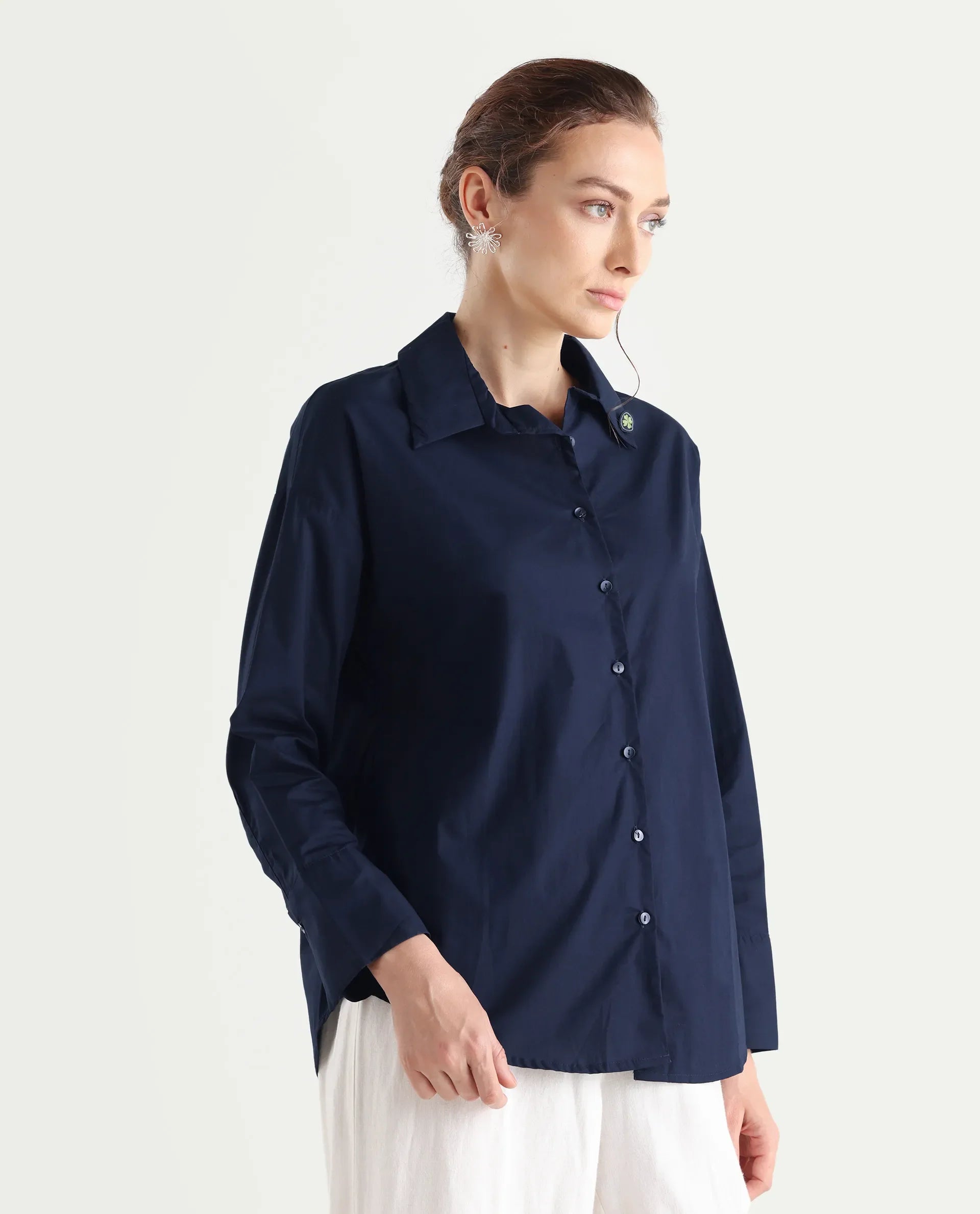 Rareism Women's Hertene Navy Cotton Drop Collar Plain Cuffed Sleeve Boxy Fit Shirt