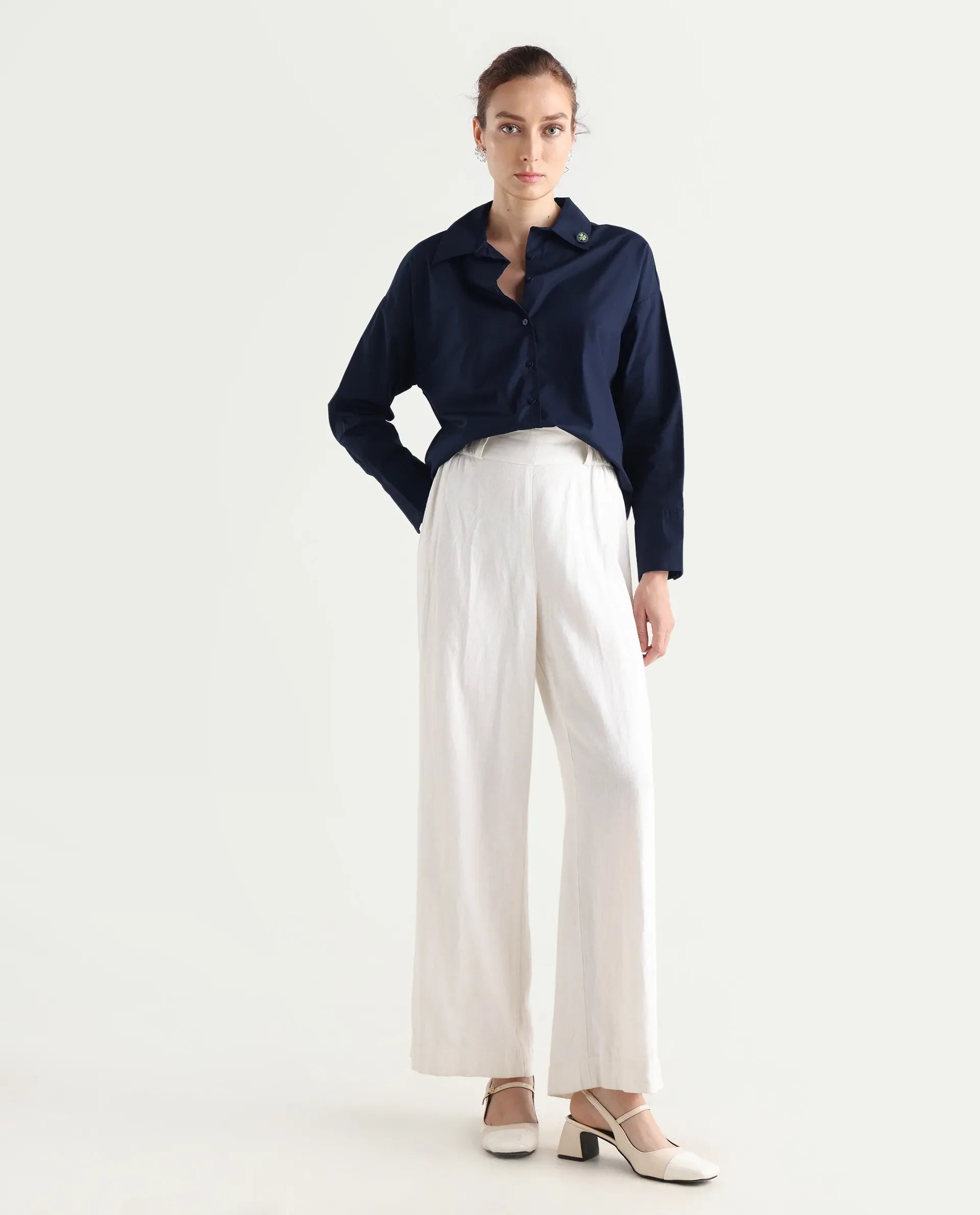 Rareism Women's Hertene Navy Cotton Drop Collar Plain Cuffed Sleeve Boxy Fit Shirt