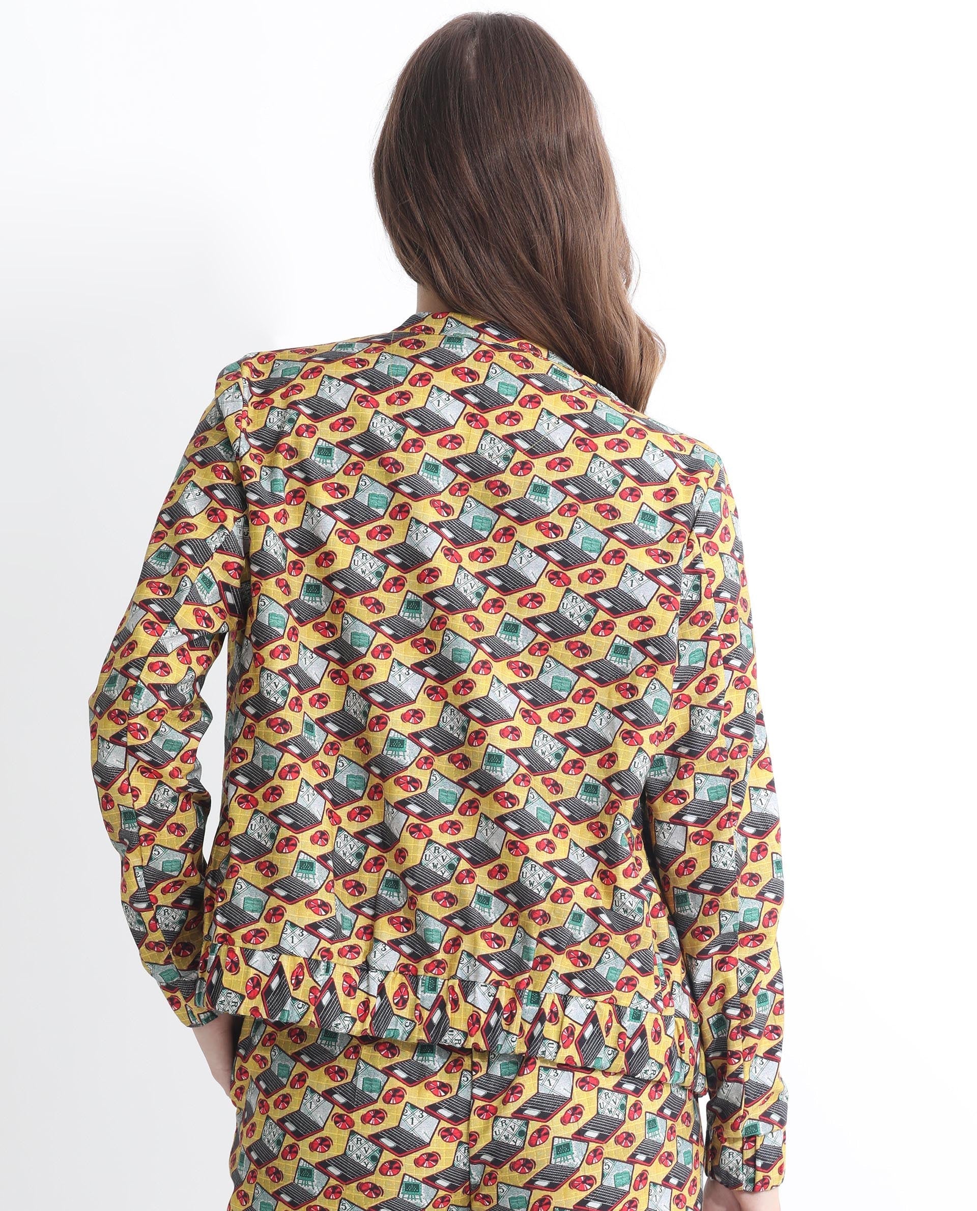 Rareism Women's Hertie-T Yellow Cotton Blend Mandarin Collar Geometric Print Regular Fit Jacket