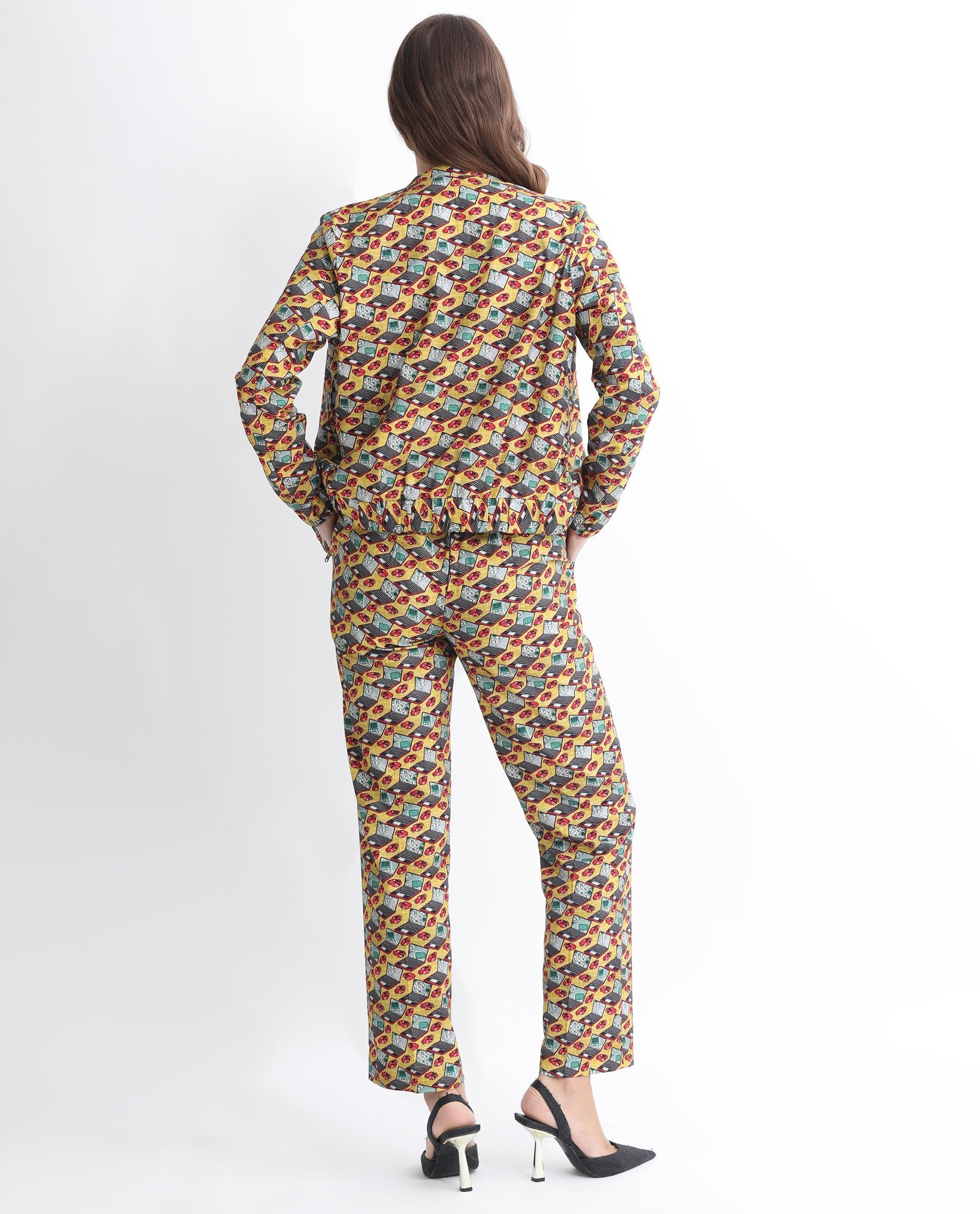 Rareism Women's Hertie-T Yellow Cotton Blend Mandarin Collar Geometric Print Regular Fit Jacket