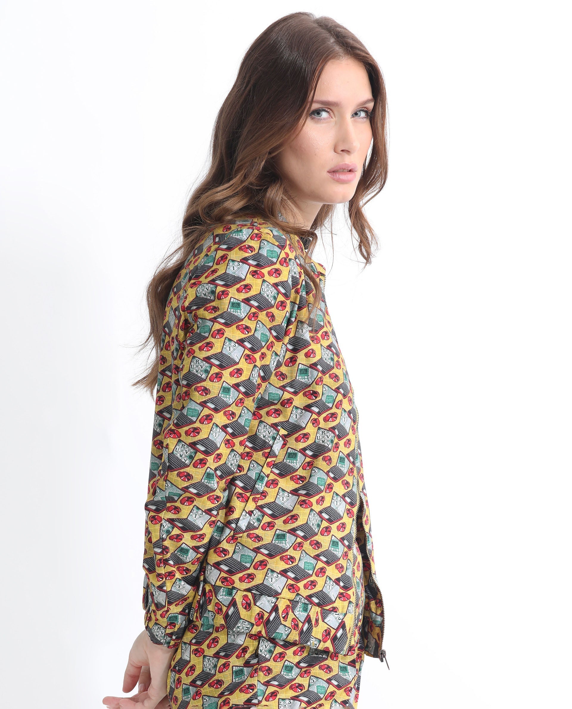 Rareism Women Hertie-T Yellow Cotton Viscose Fabric Full Sleeves Geometric Print Mandarin Collar Jacket