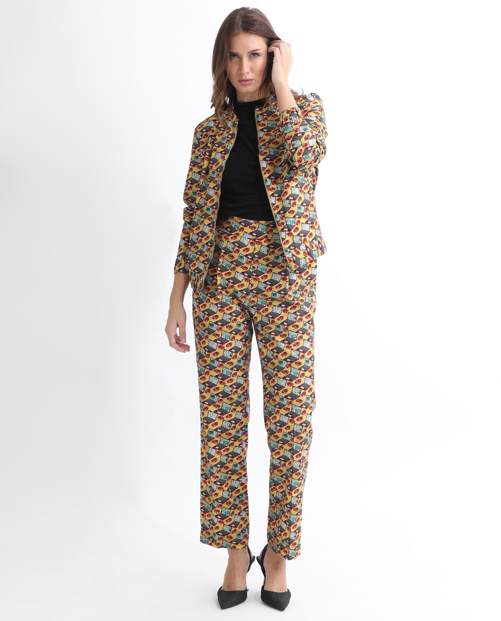 Rareism Women's Hertie-T Yellow Cotton Blend Mandarin Collar Geometric Print Regular Fit Jacket