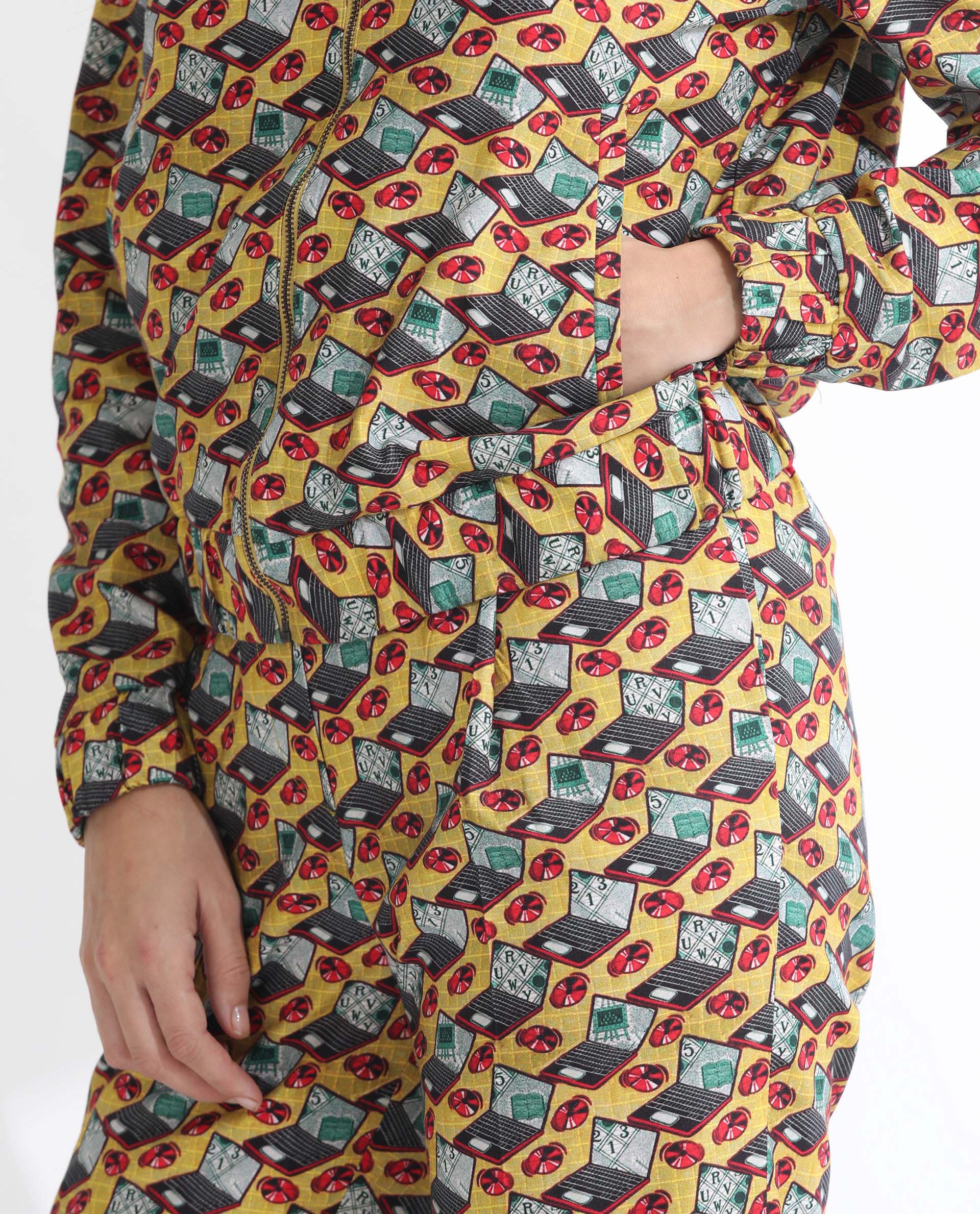 Rareism Women's Hertie-T Yellow Cotton Blend Mandarin Collar Geometric Print Regular Fit Jacket