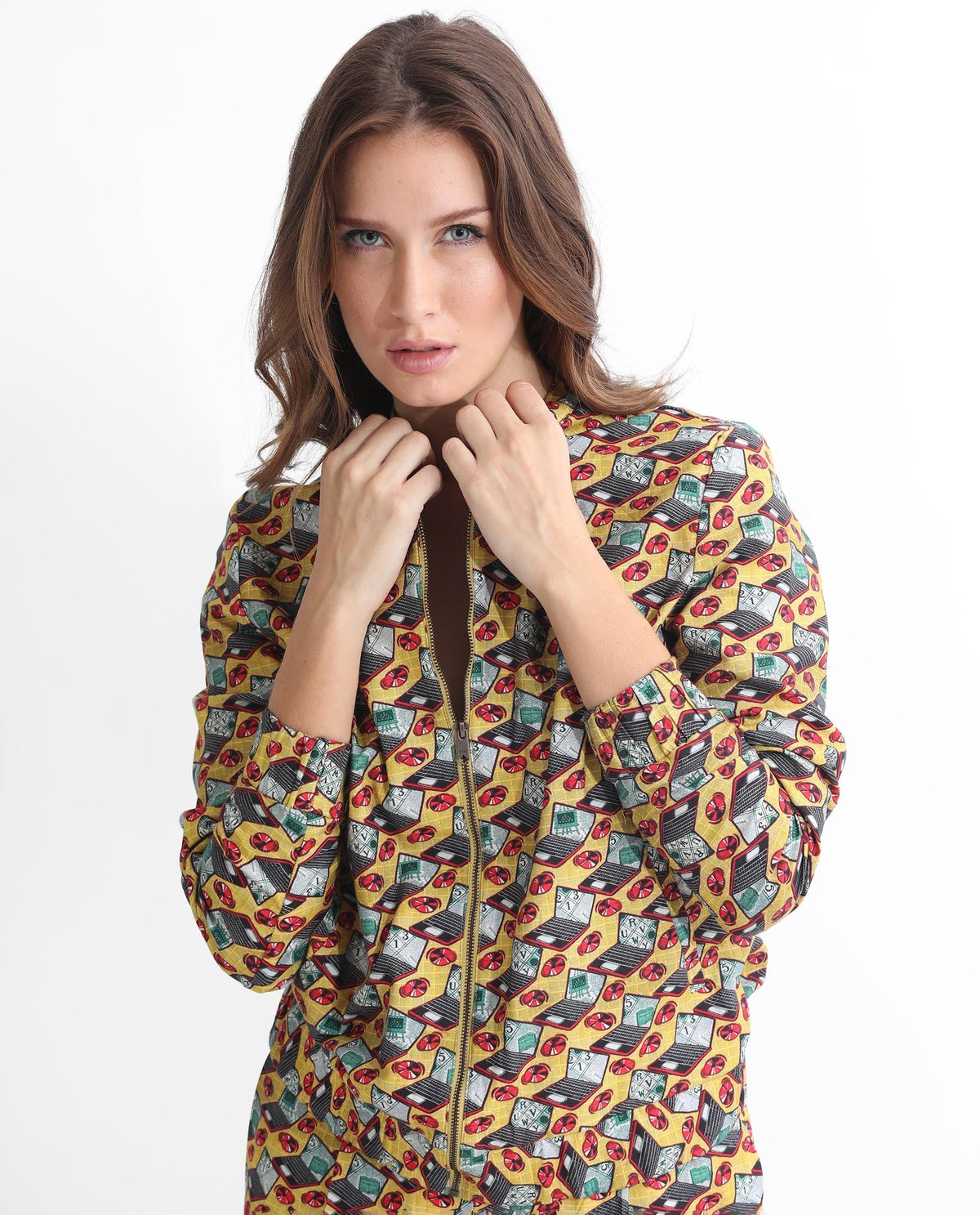 Rareism Women Hertie-T Yellow Cotton Viscose Fabric Full Sleeves Geometric Print Mandarin Collar Jacket