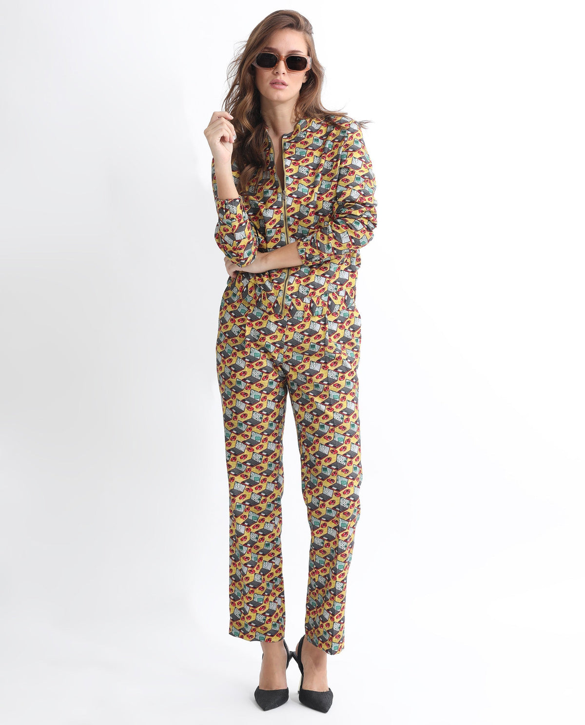 Rareism Women Hertie-T Yellow Cotton Viscose Fabric Full Sleeves Geometric Print Mandarin Collar Jacket