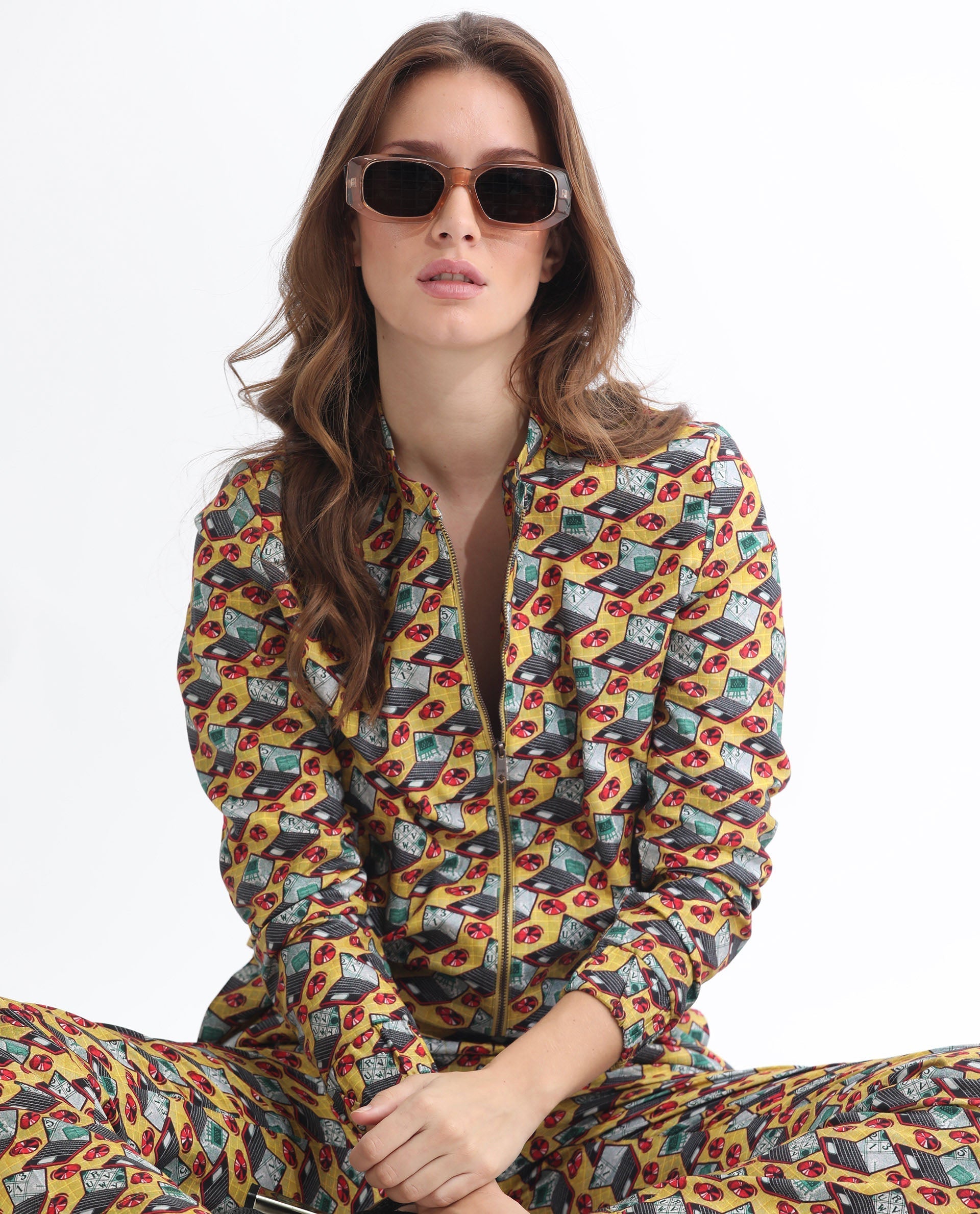 Rareism Women Hertie-T Yellow Cotton Viscose Fabric Full Sleeves Geometric Print Mandarin Collar Jacket