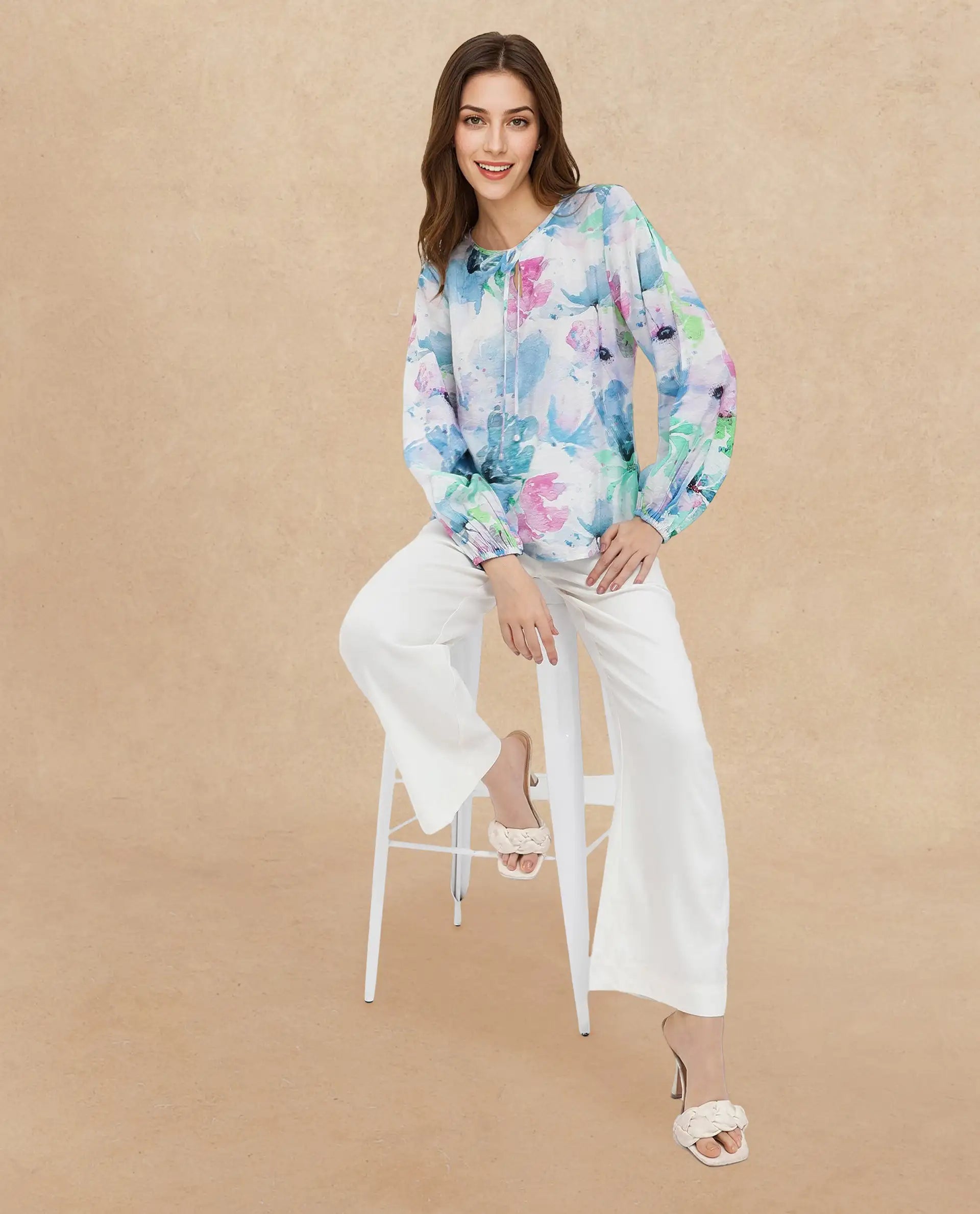 Rareism Women's Hestero Light Multi Nylon Blend Tie-Up Neck Floral Print Bishop Sleeve Regular Fit Top