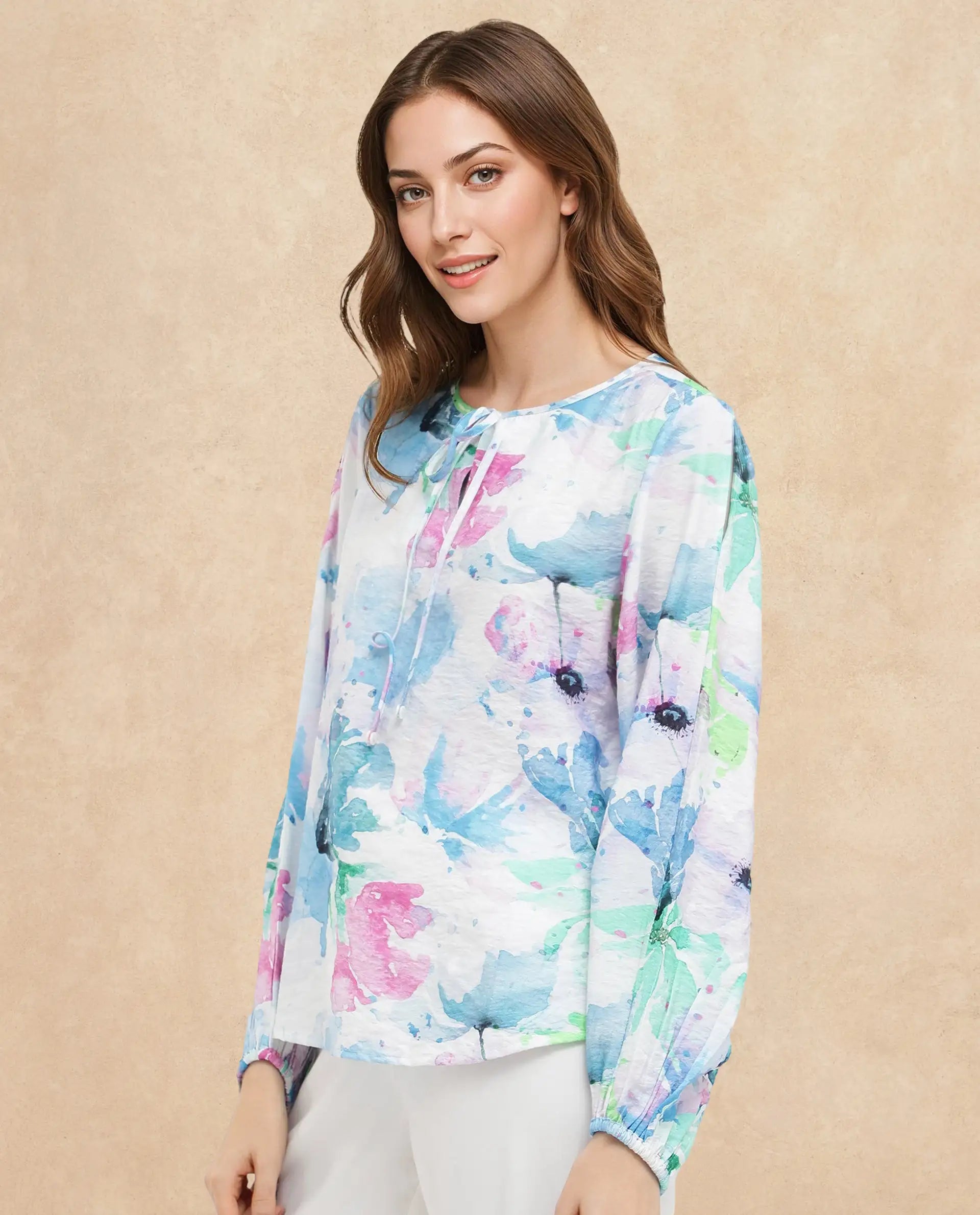 Rareism Women's Hestero Light Multi Nylon Blend Tie-Up Neck Floral Print Bishop Sleeve Regular Fit Top
