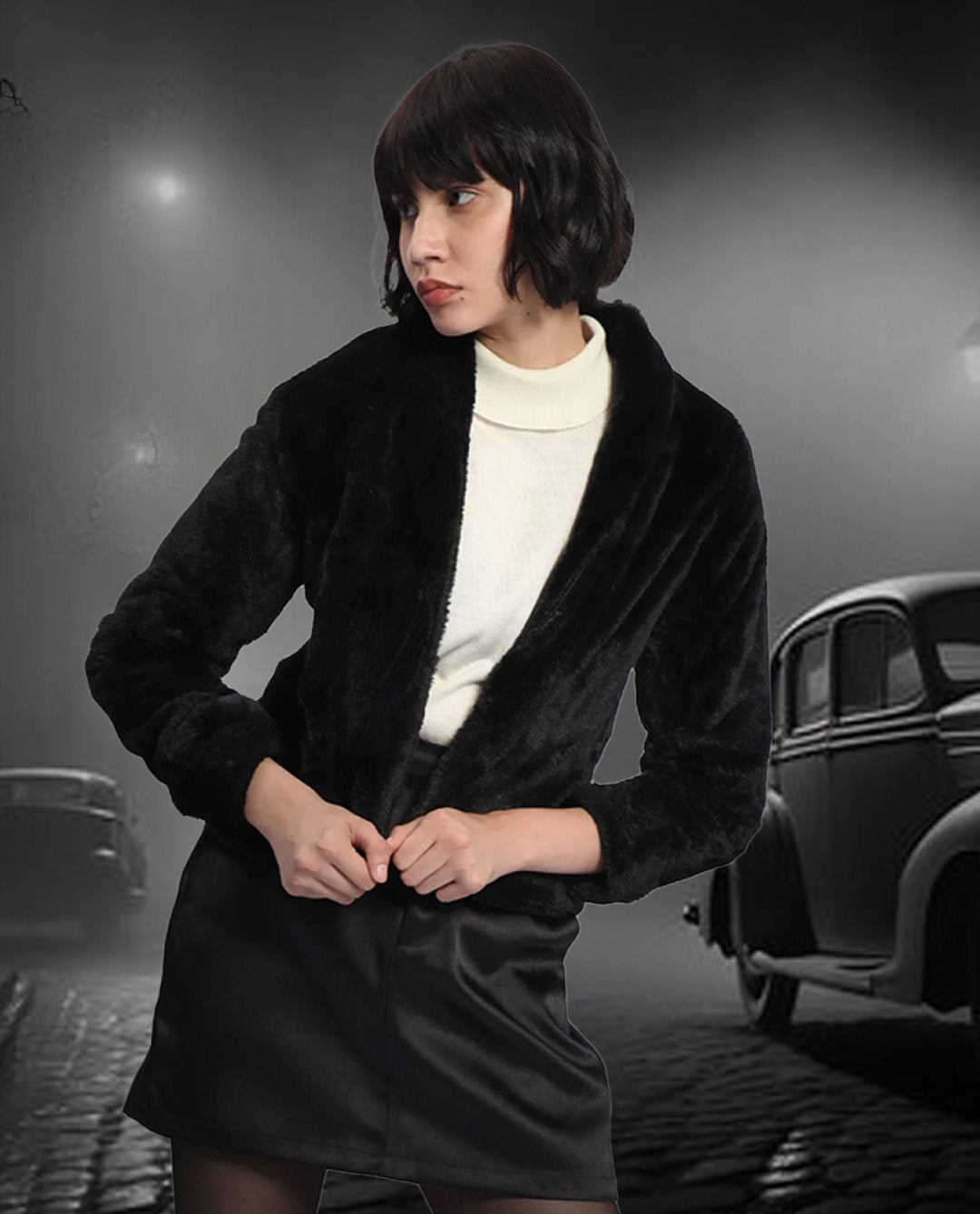 Rareism Women's Schella Black Polyester High Neck Plain Regular Fit Jacket
