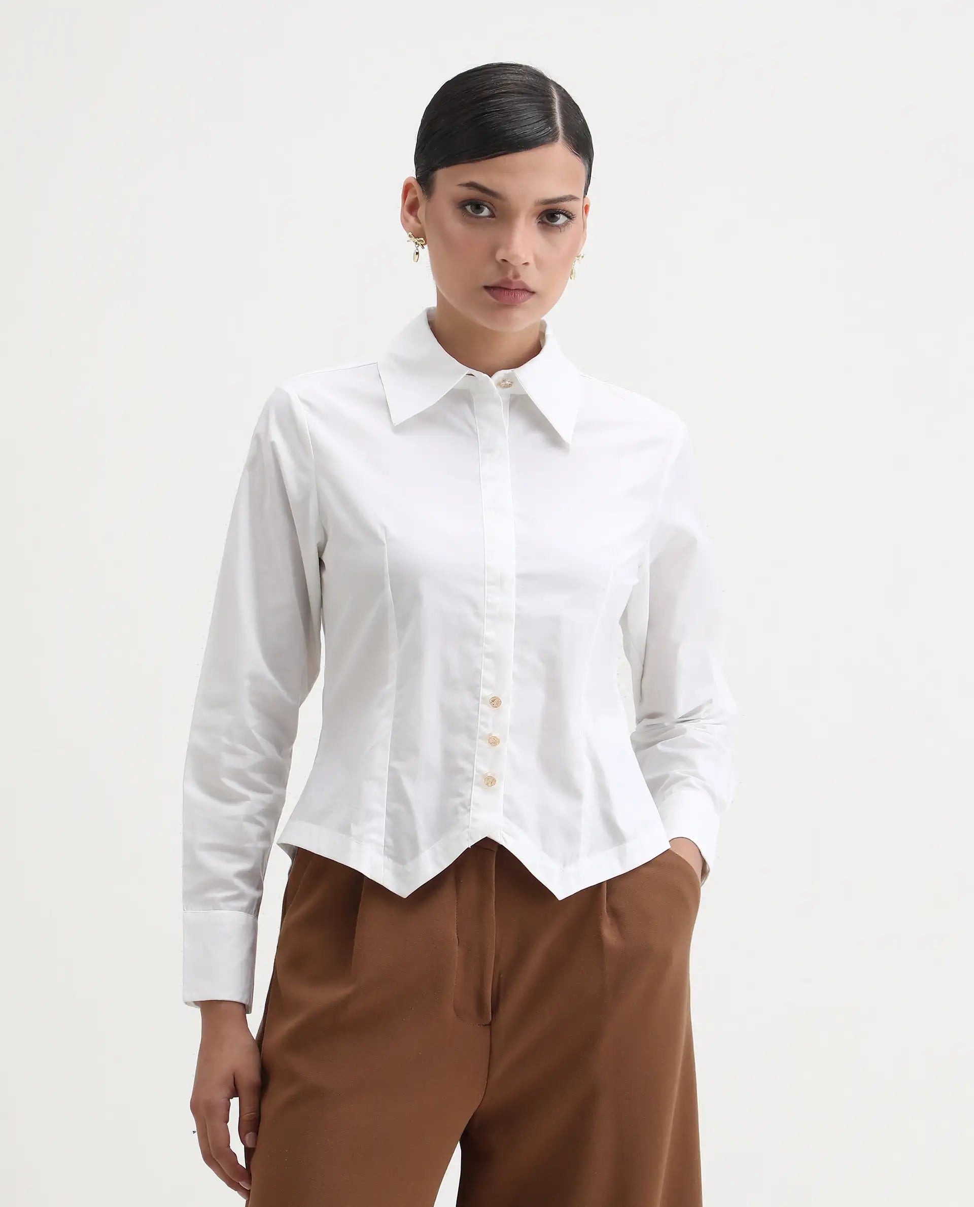 Rareism Women's Hikpo White Cotton Drop Collar Plain Cuffed Sleeve Regular Fit Shirt