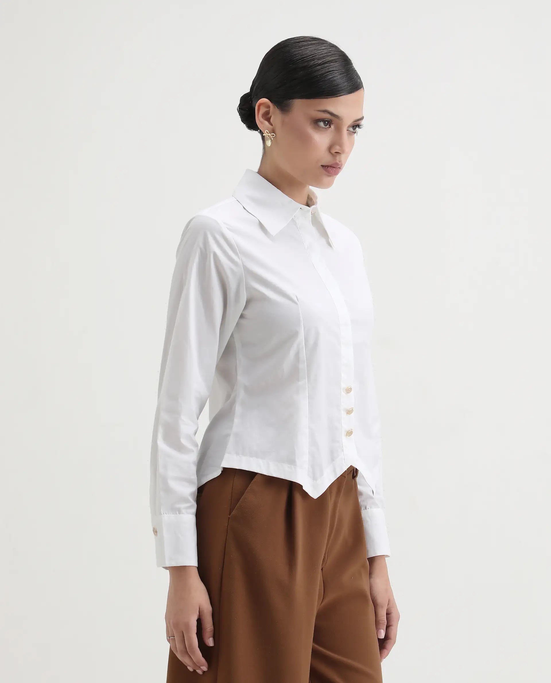 Rareism Women's Hikpo White Cotton Drop Collar Plain Cuffed Sleeve Regular Fit Shirt