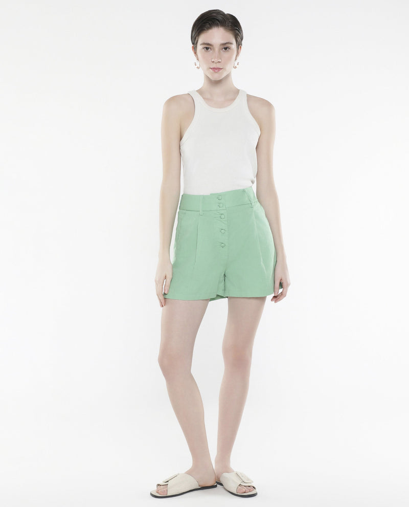 Rareism Women Hilmdr Green Cotton Fabric Button Plain Mini Shorts