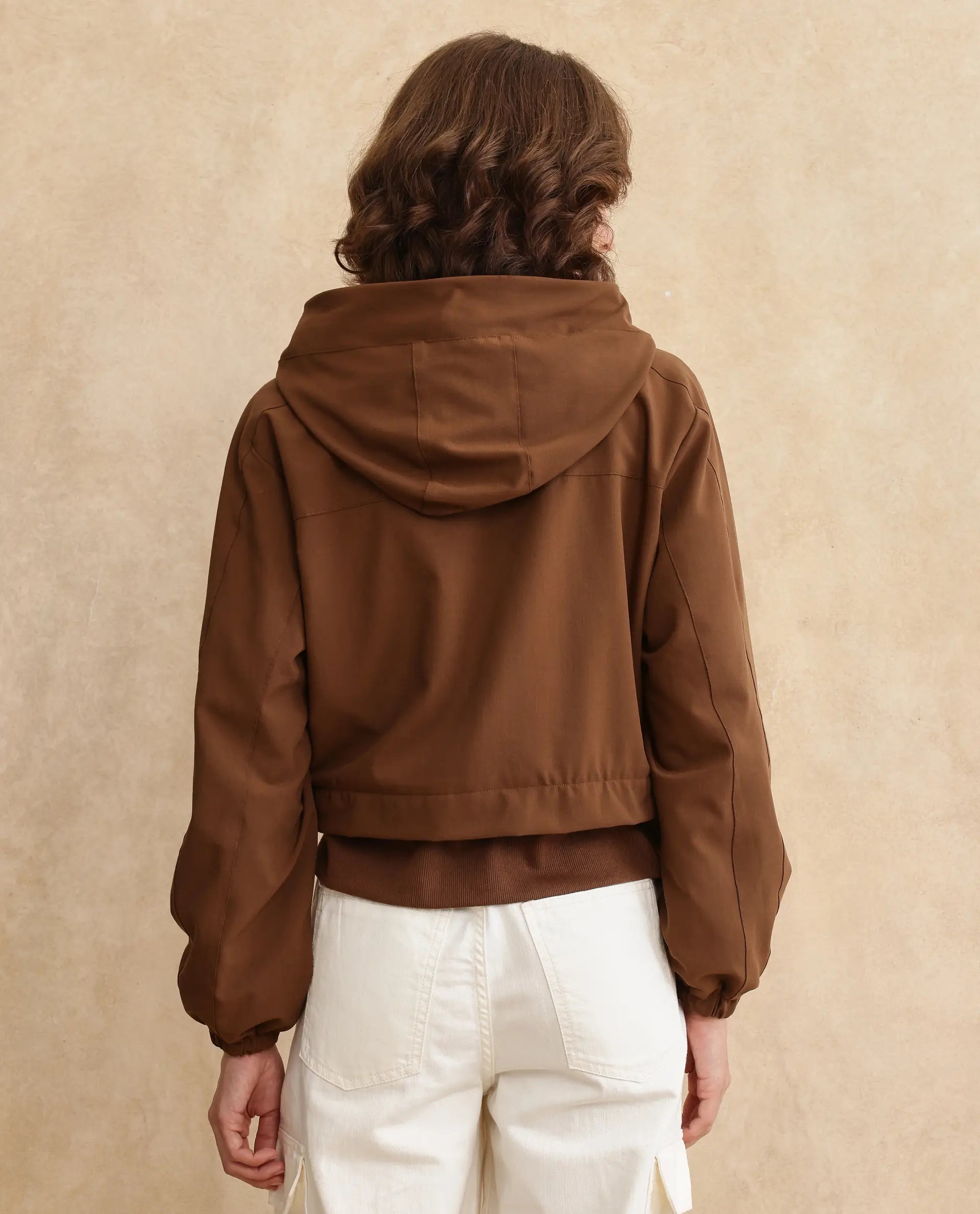 Rareism Women's Hoian Dark Beige Stand Collar Plain Ribbed Sleeve Boxy Fit Jacket