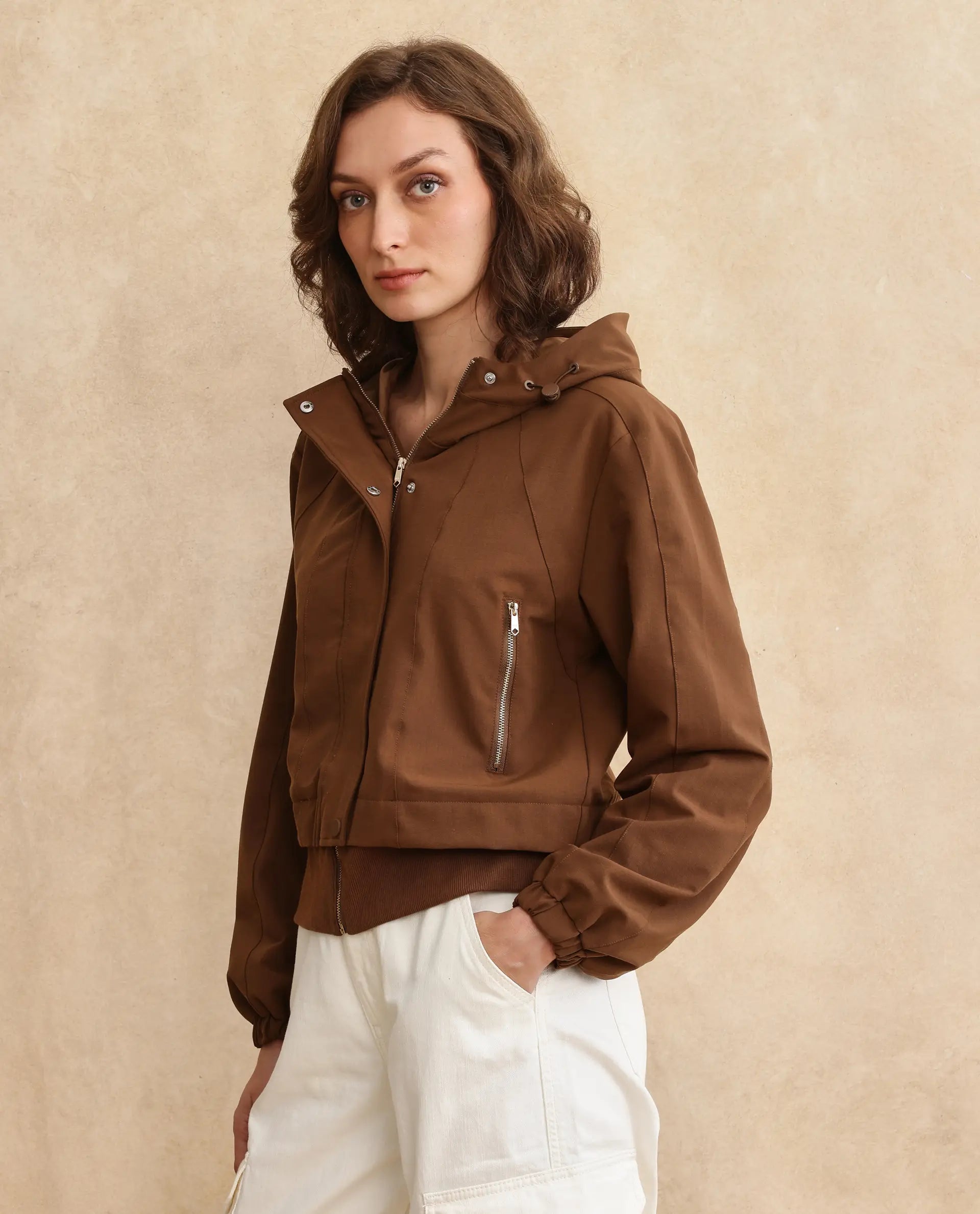 Rareism Women's Hoian Dark Beige Stand Collar Plain Ribbed Sleeve Boxy Fit Jacket