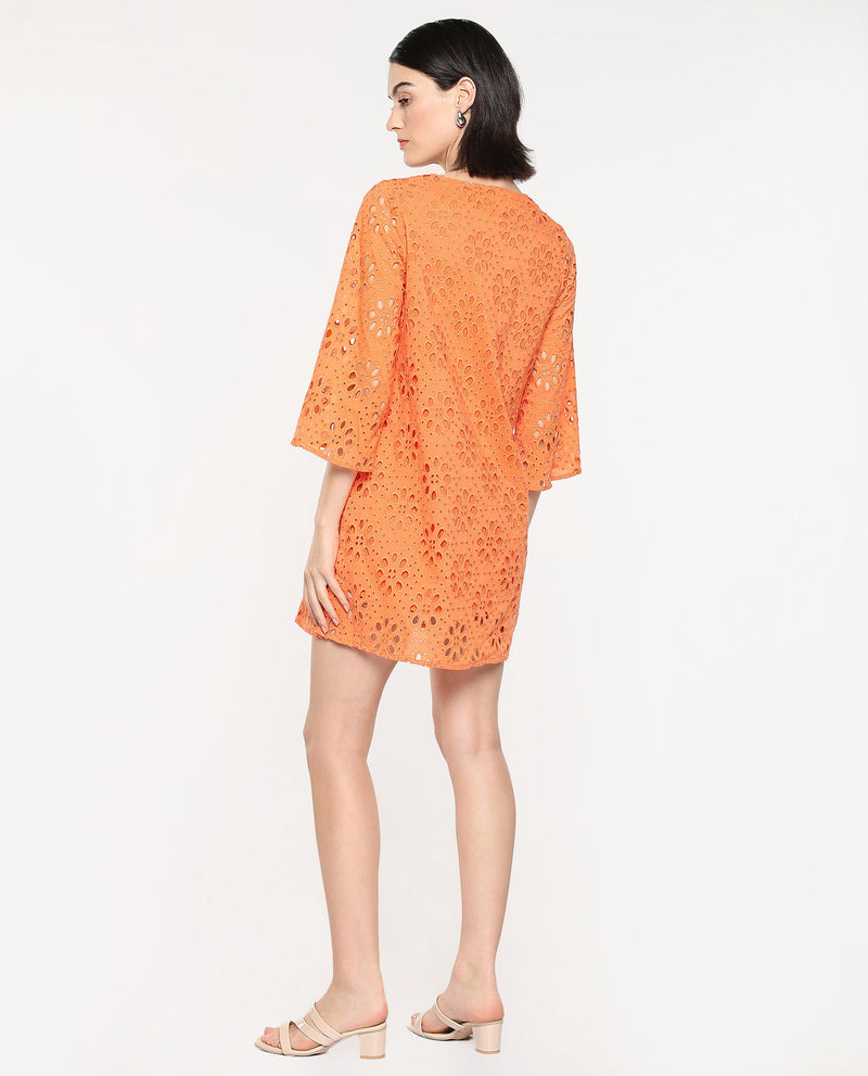 Rareism Women Hoiter Orange Cotton Fabric Regular Sleeves Boat Neck Solid MINI Dress