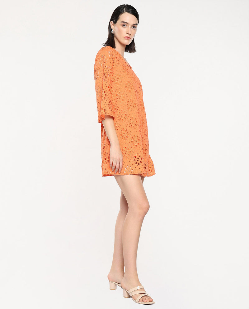 Rareism Women Hoiter Orange Cotton Fabric Regular Sleeves Boat Neck Solid MINI Dress