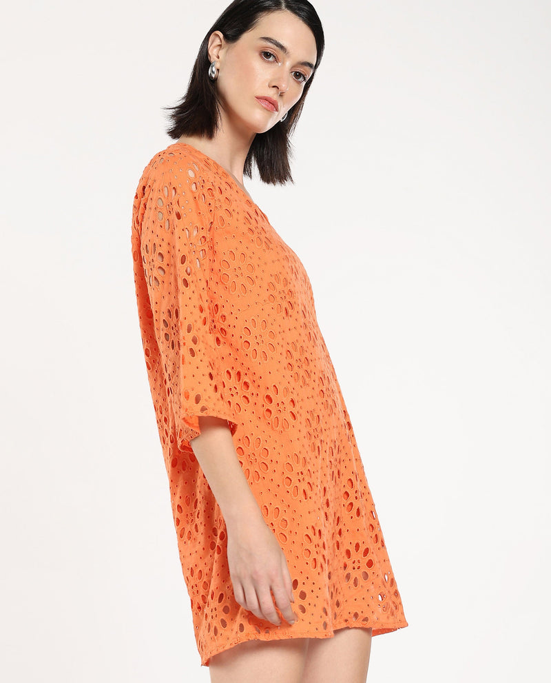 Rareism Women Hoiter Orange Cotton Fabric Regular Sleeves Boat Neck Solid MINI Dress