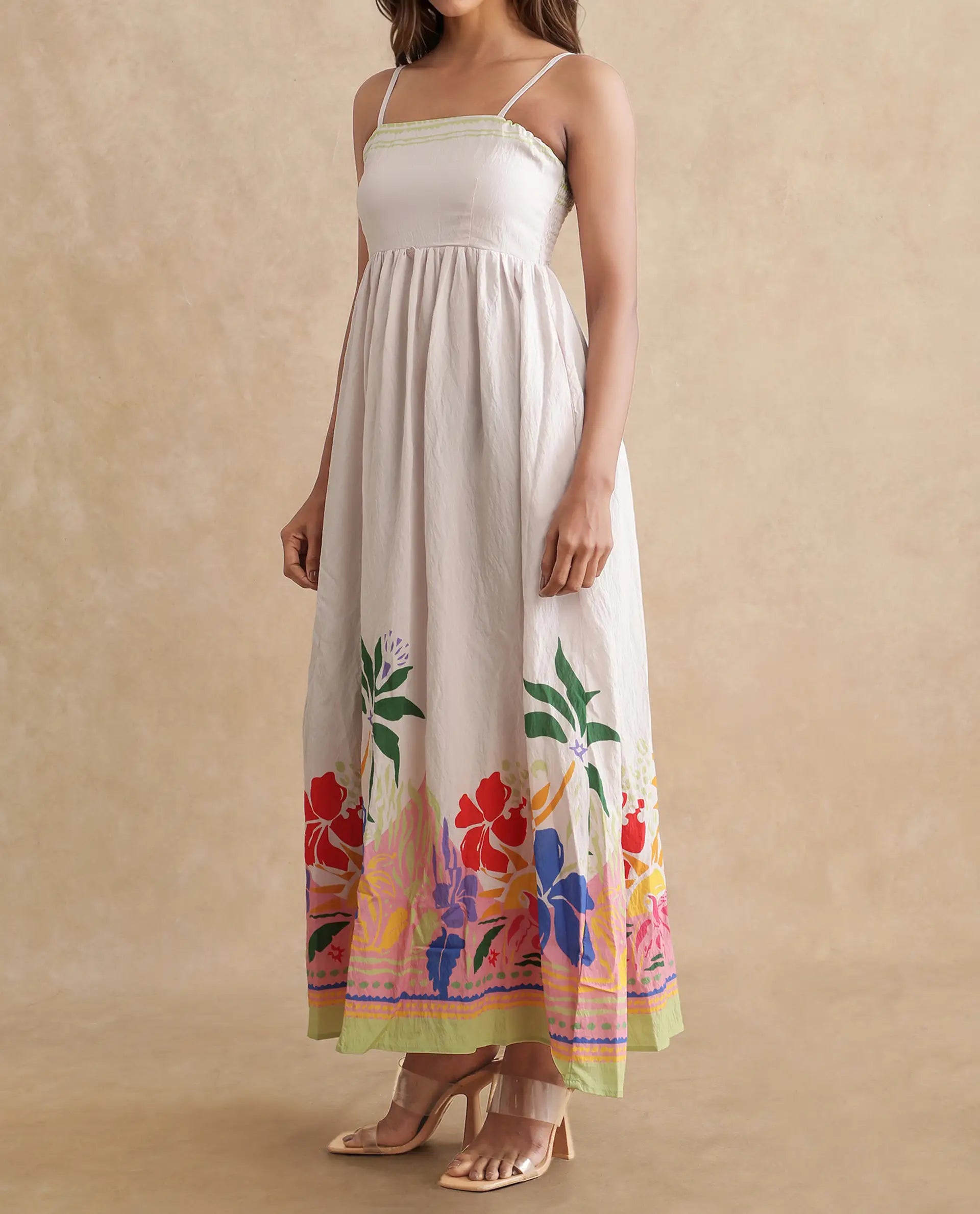 Rareism Women's Holley Multi Nylon Blend Shoulder Strap Floral Print Shoulder Strap Maxi Fit And Flare Dress
