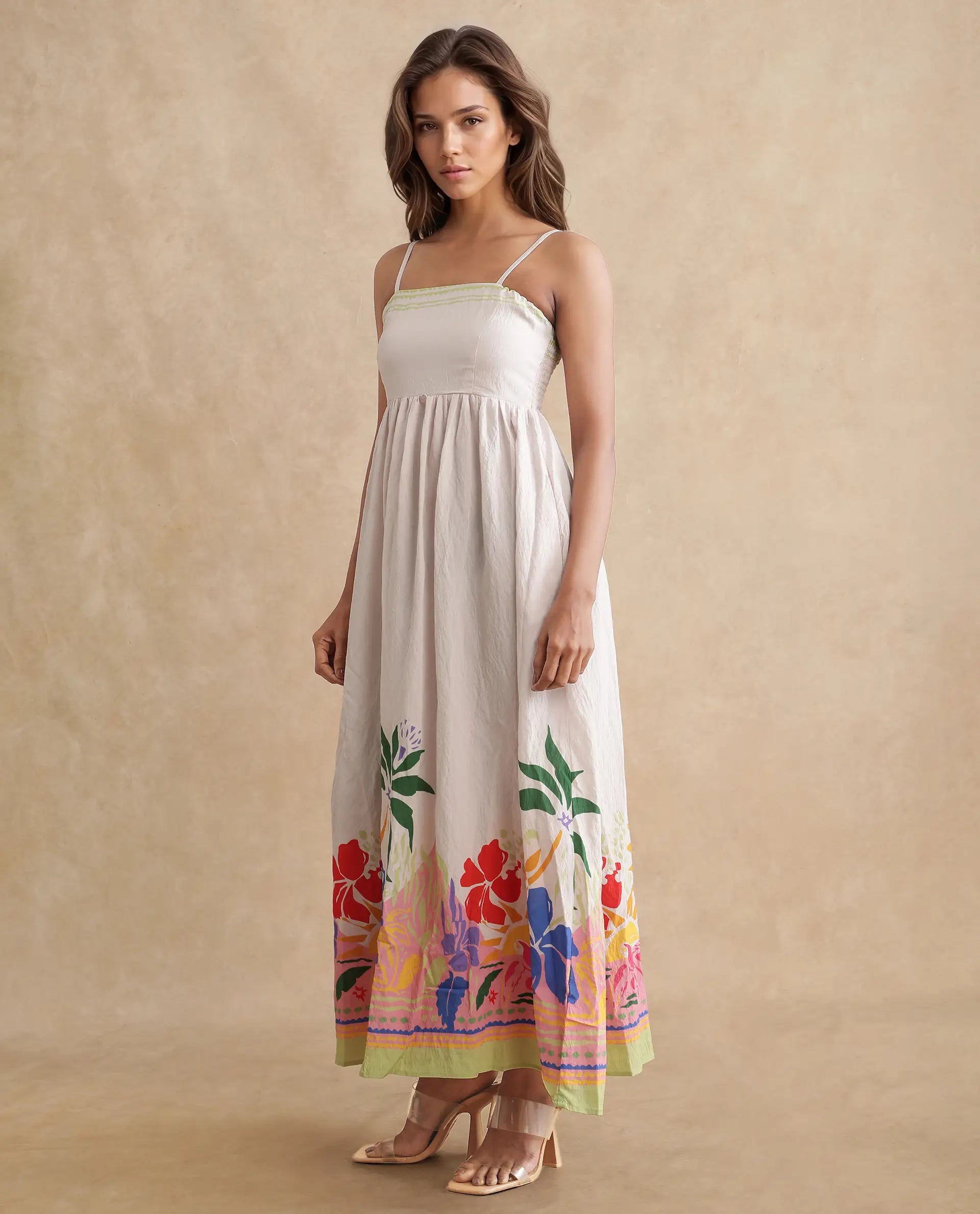 Rareism Women's Holley Multi Nylon Blend Shoulder Strap Floral Print Shoulder Strap Maxi Fit And Flare Dress