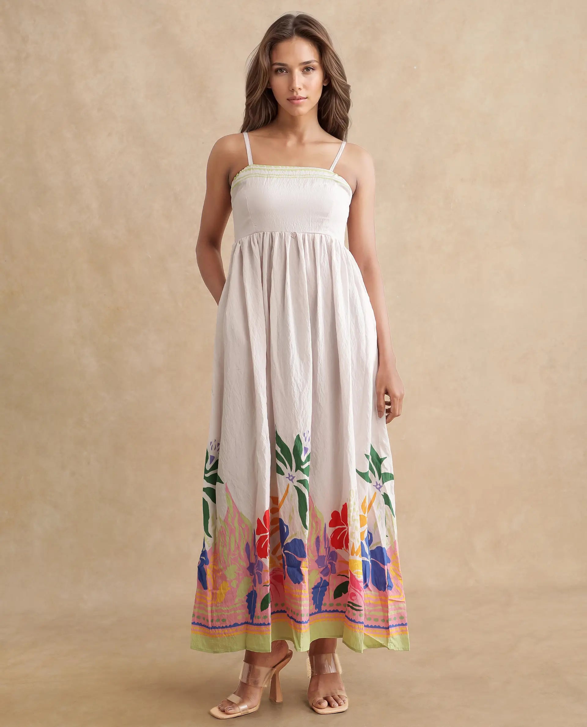 Rareism Women's Holley Multi Nylon Blend Shoulder Strap Floral Print Shoulder Strap Maxi Fit And Flare Dress