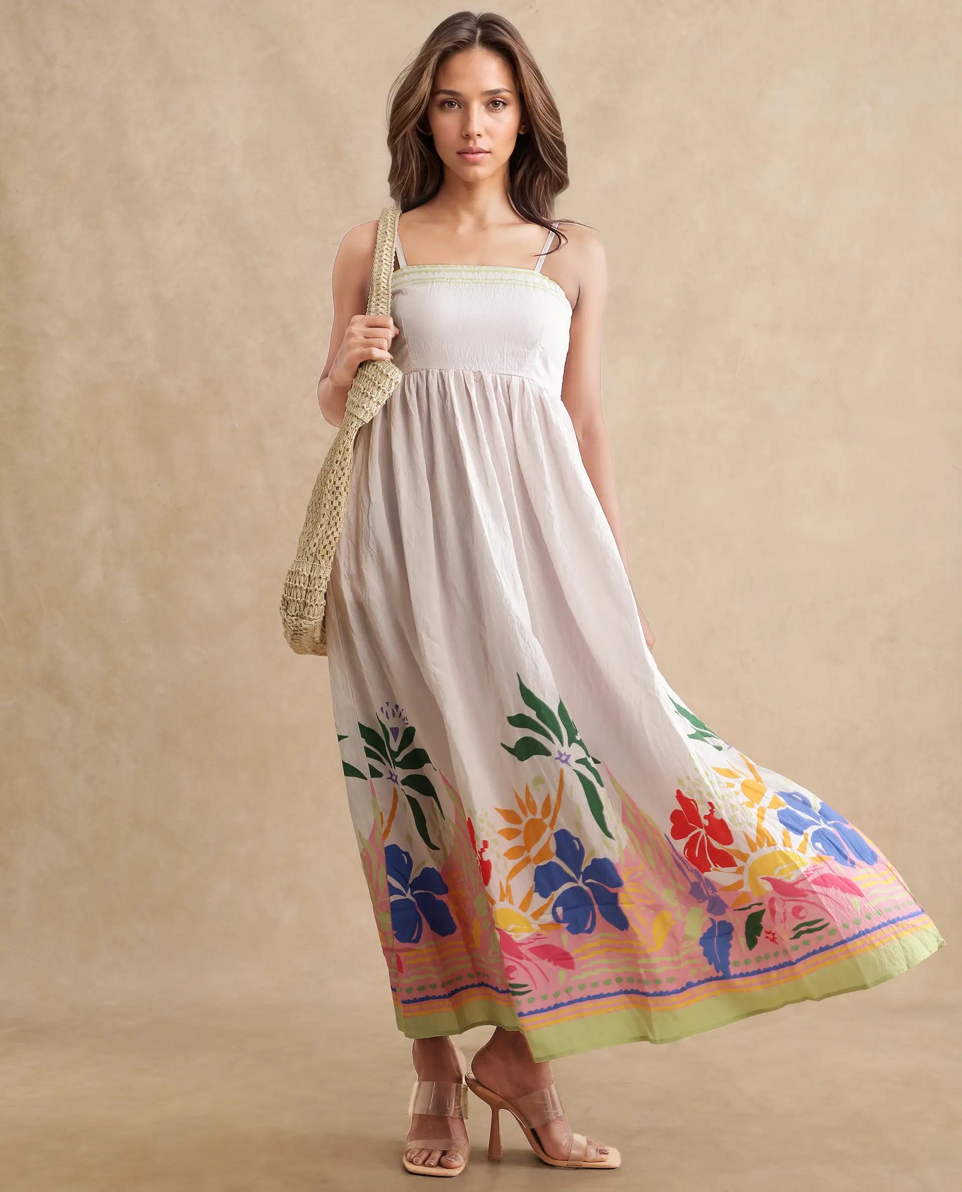 Rareism Women's Holley Multi Nylon Blend Shoulder Strap Floral Print Shoulder Strap Maxi Fit And Flare Dress