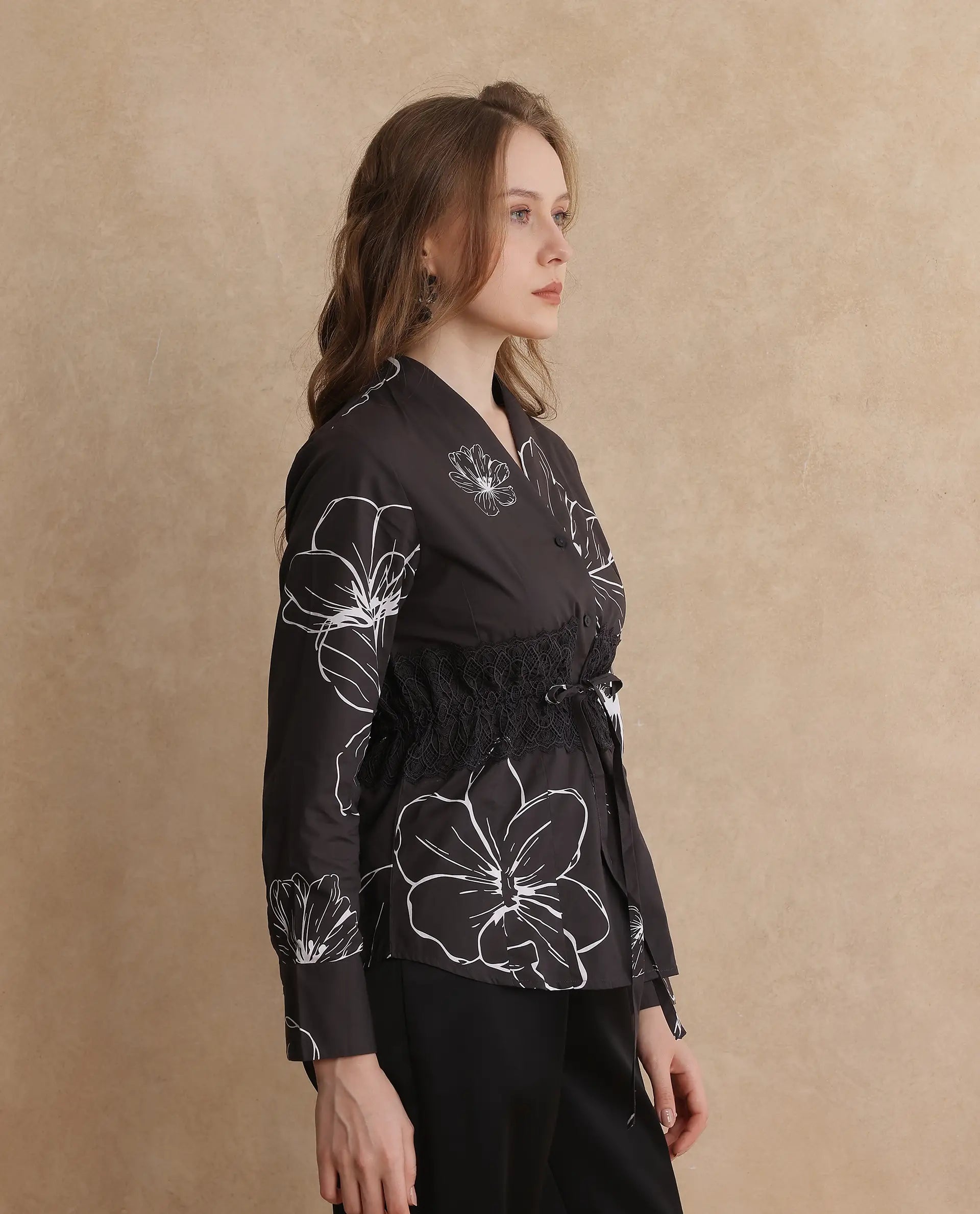 Rareism Women's Hoose Brown Cotton V-Neck Floral Print Cuffed Sleeve Regular Fit Top