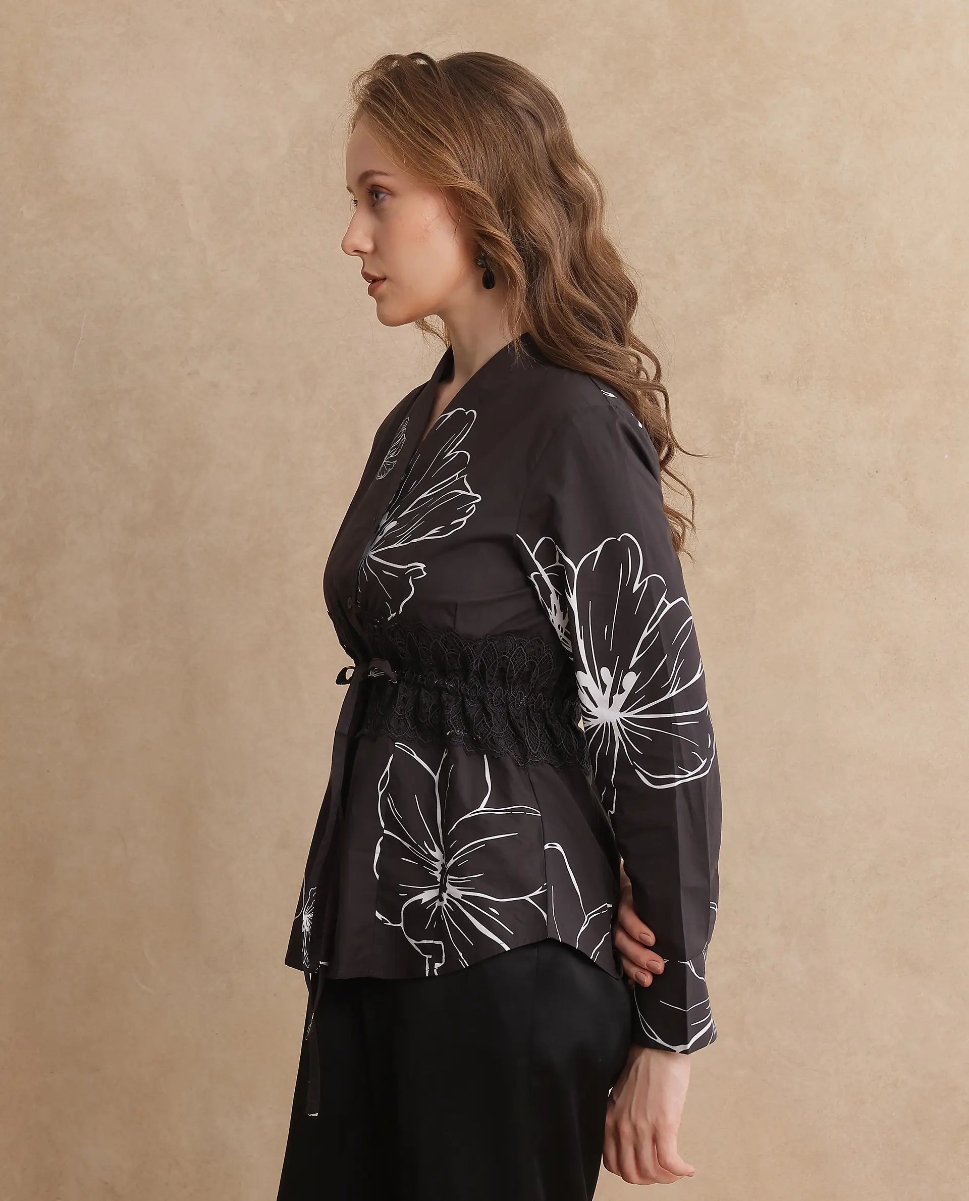 Rareism Women's Hoose Brown Cotton V-Neck Floral Print Cuffed Sleeve Regular Fit Top