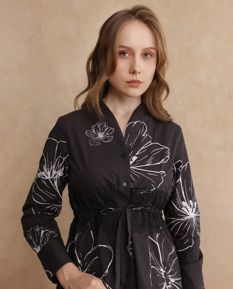 Rareism Women Hoose Brown Cuffed Sleeve V-Neck Button Floral Print Top