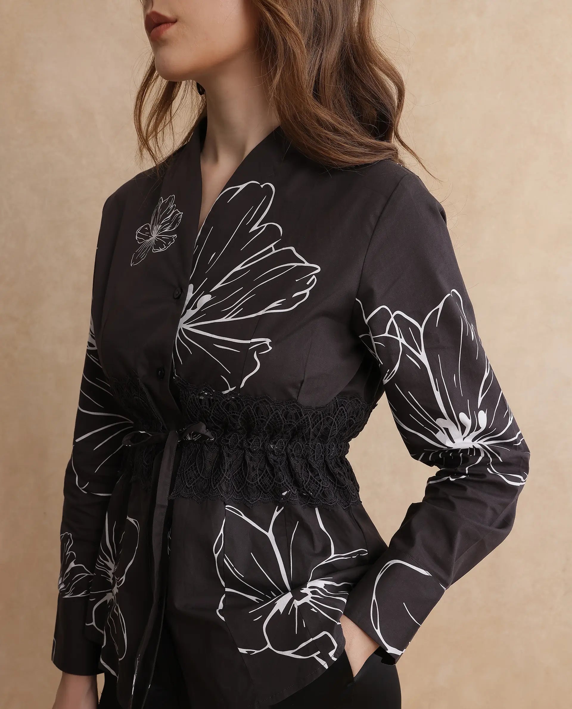 Rareism Women's Hoose Brown Cotton V-Neck Floral Print Cuffed Sleeve Regular Fit Top