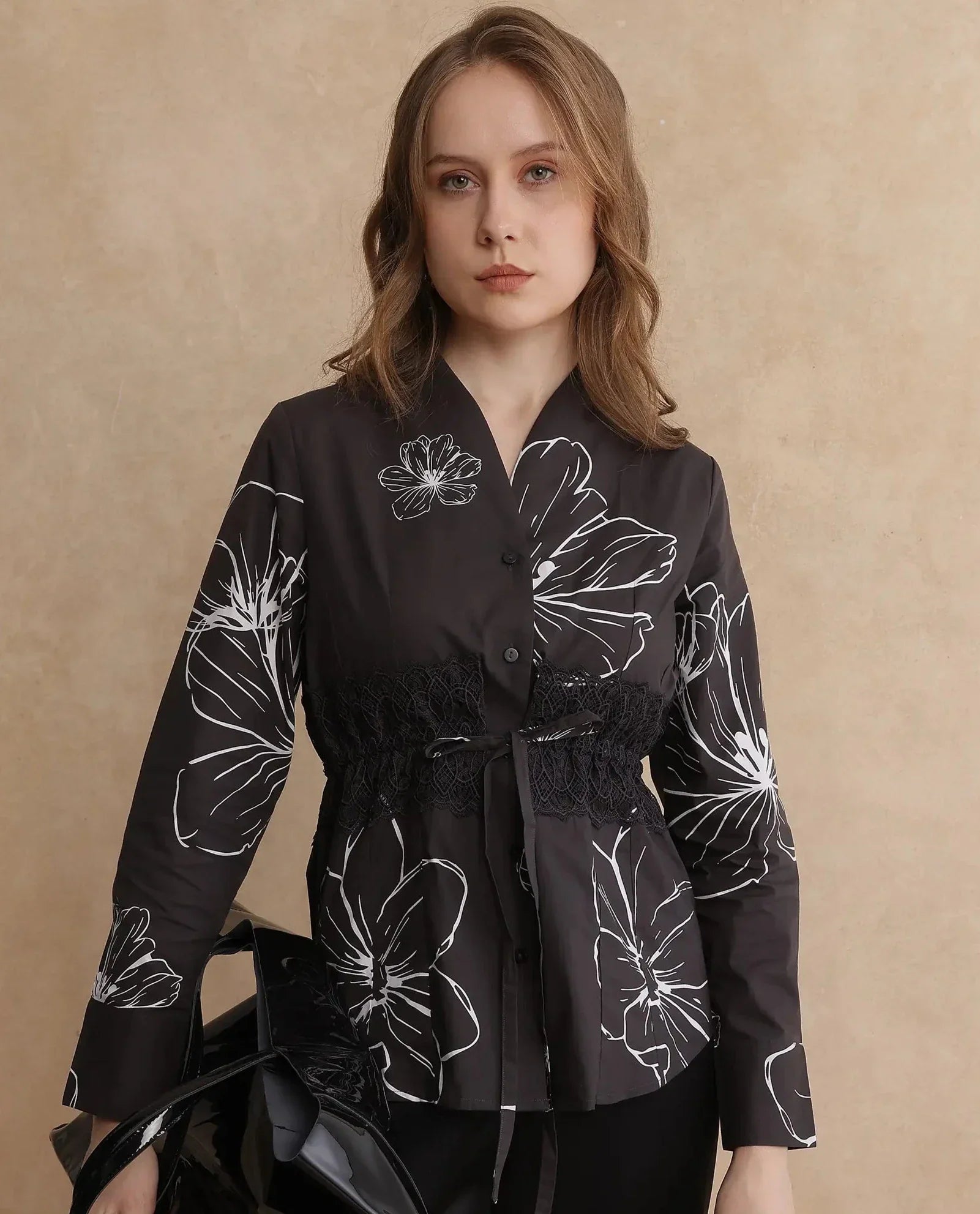 Rareism Women Hoose-SC Brown Cuffed Sleeve V-Neck Button Floral Print Top