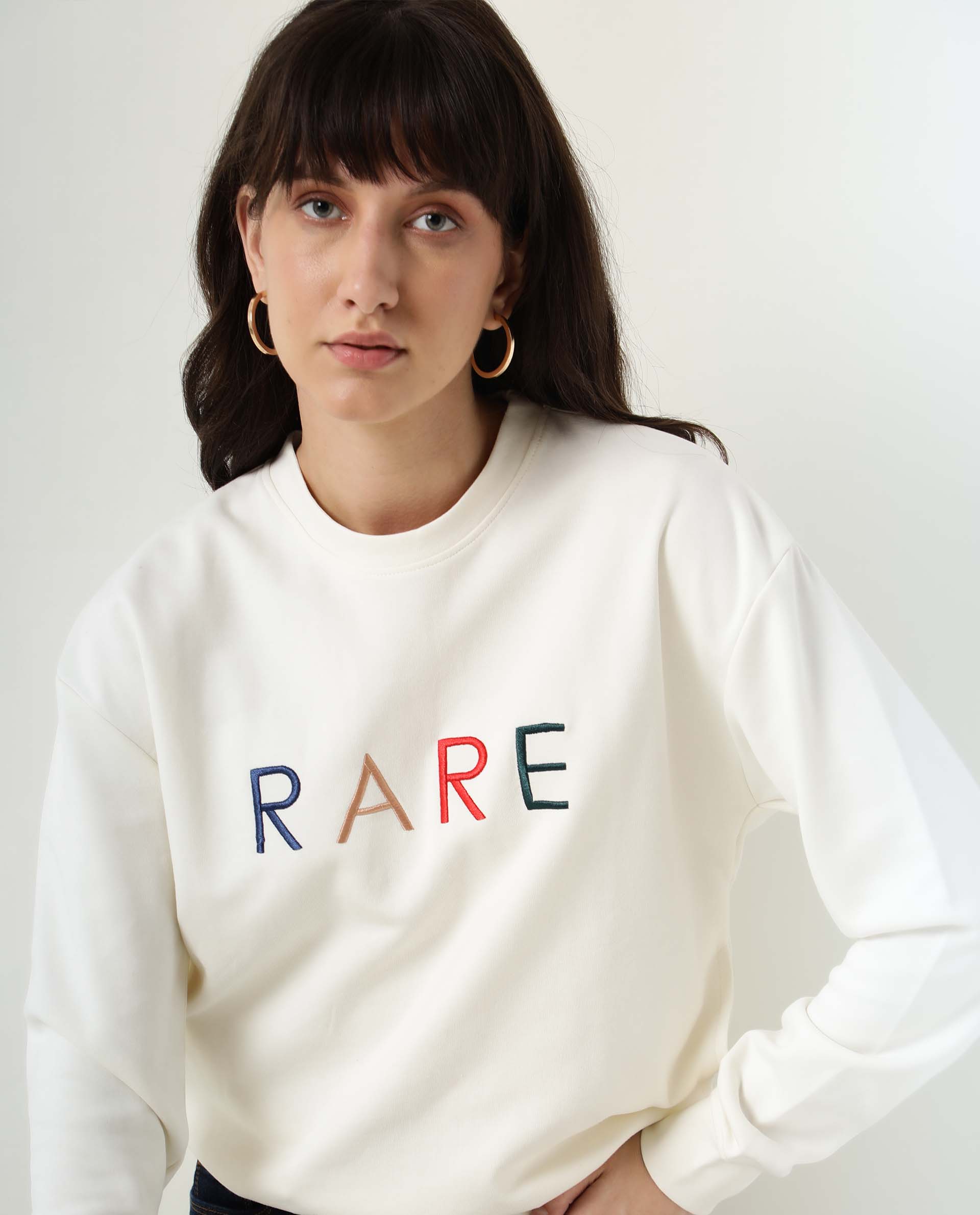 Rareism Women Host Off White Cotton Linen Fabric Relaxed Fit Full Sleeves Solid Crew Neck Sweatshirt