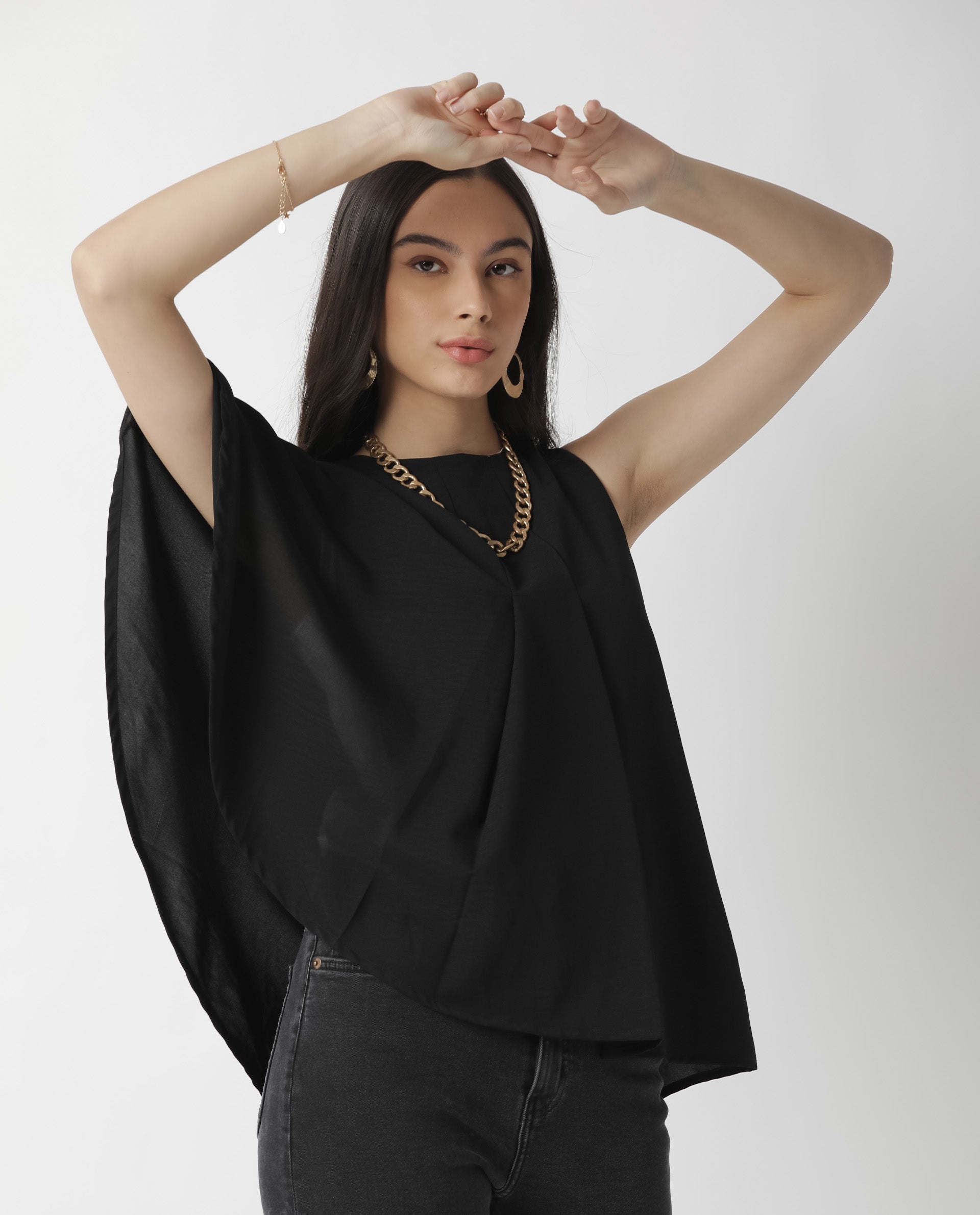 Rareism Womens Hudy Black Top Polyester Fabric Relaxed Fit Flared Sleeve Round Neck