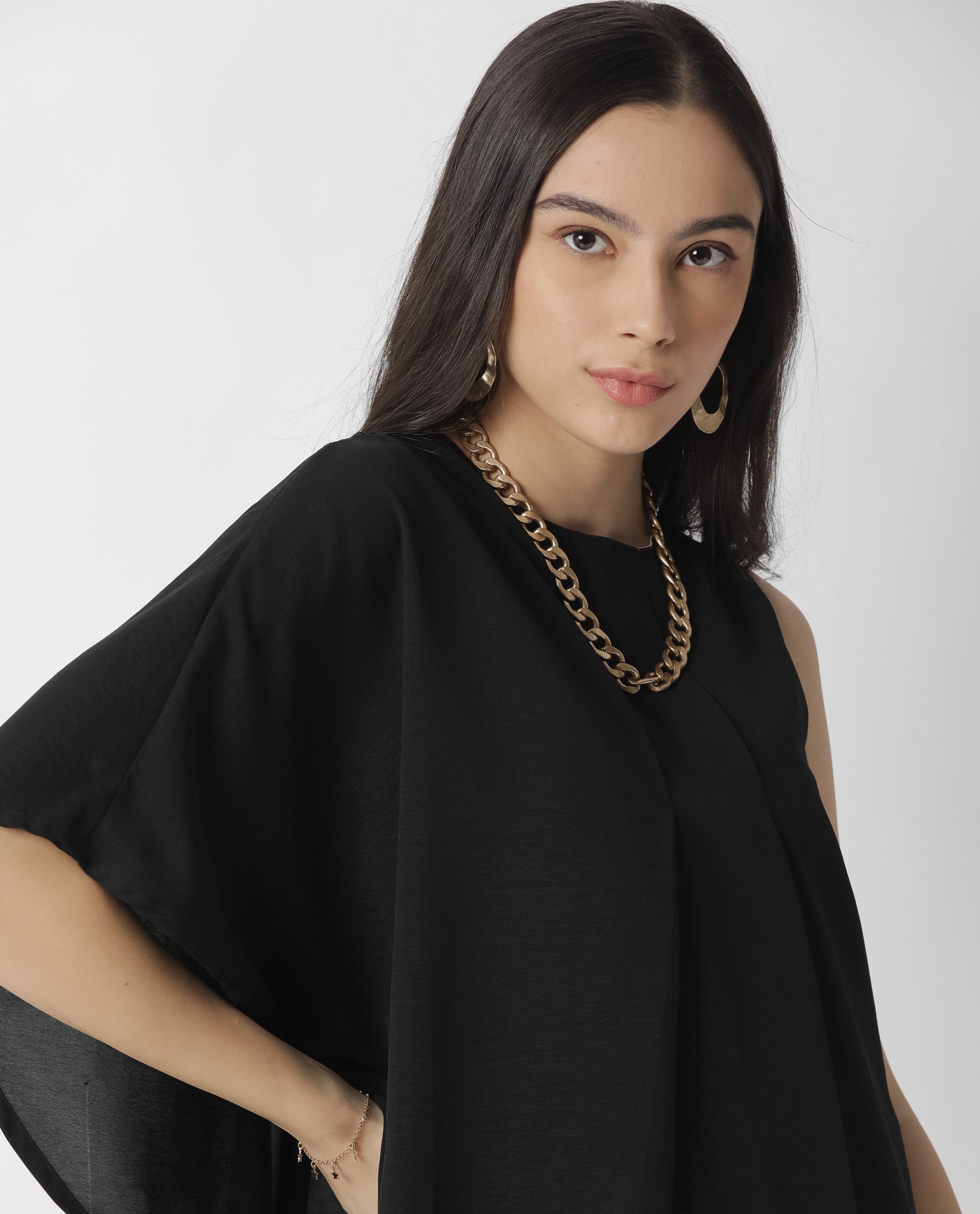 Rareism Womens Hudy Black Top Polyester Fabric Relaxed Fit Flared Sleeve Round Neck