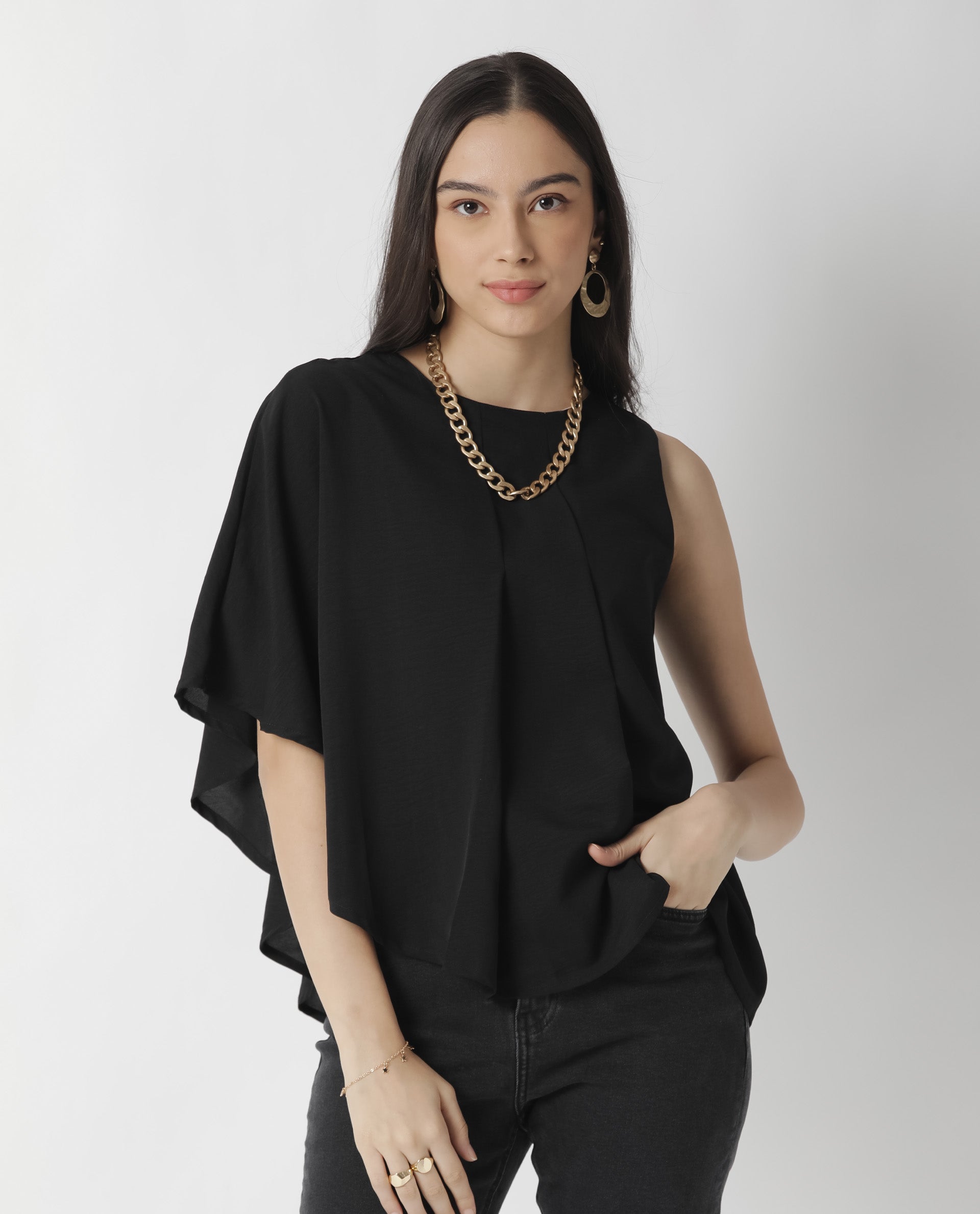 Rareism Womens Hudy Black Top Polyester Fabric Relaxed Fit Flared Sleeve Round Neck